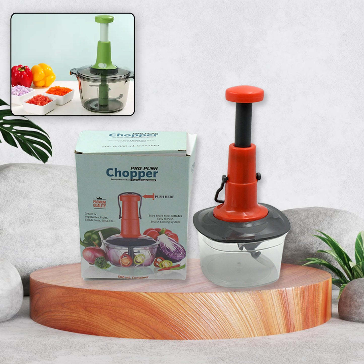 Manual Press Fruit  Vegetable Chopper With 3 Stainless Steel Blades Anti-slip Base And Locking System Cutting Chopper For Kitchen (650 Ml) - Happy Price - Image 2