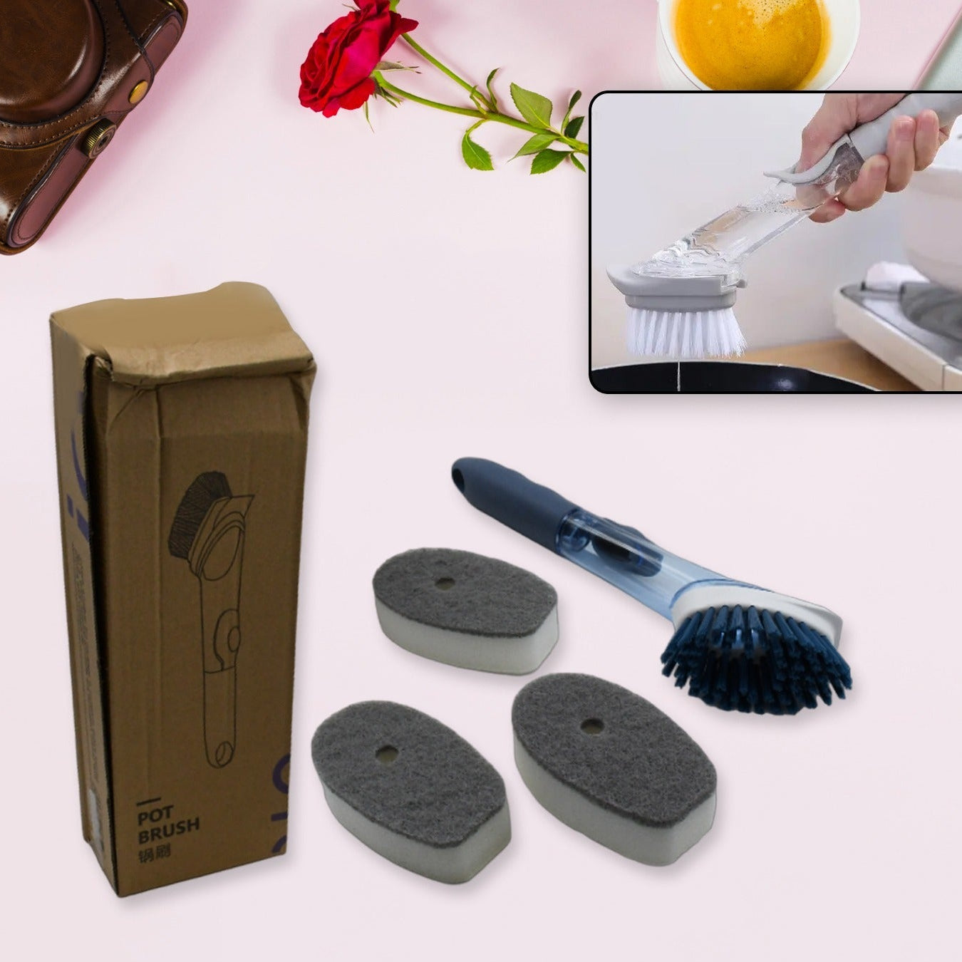 Dish Scrubber with Built-in Soap Dispenser - Kitchen Cleaning Brush with 1 Handle and 3 Refill Heads - Happy Price - Image 1