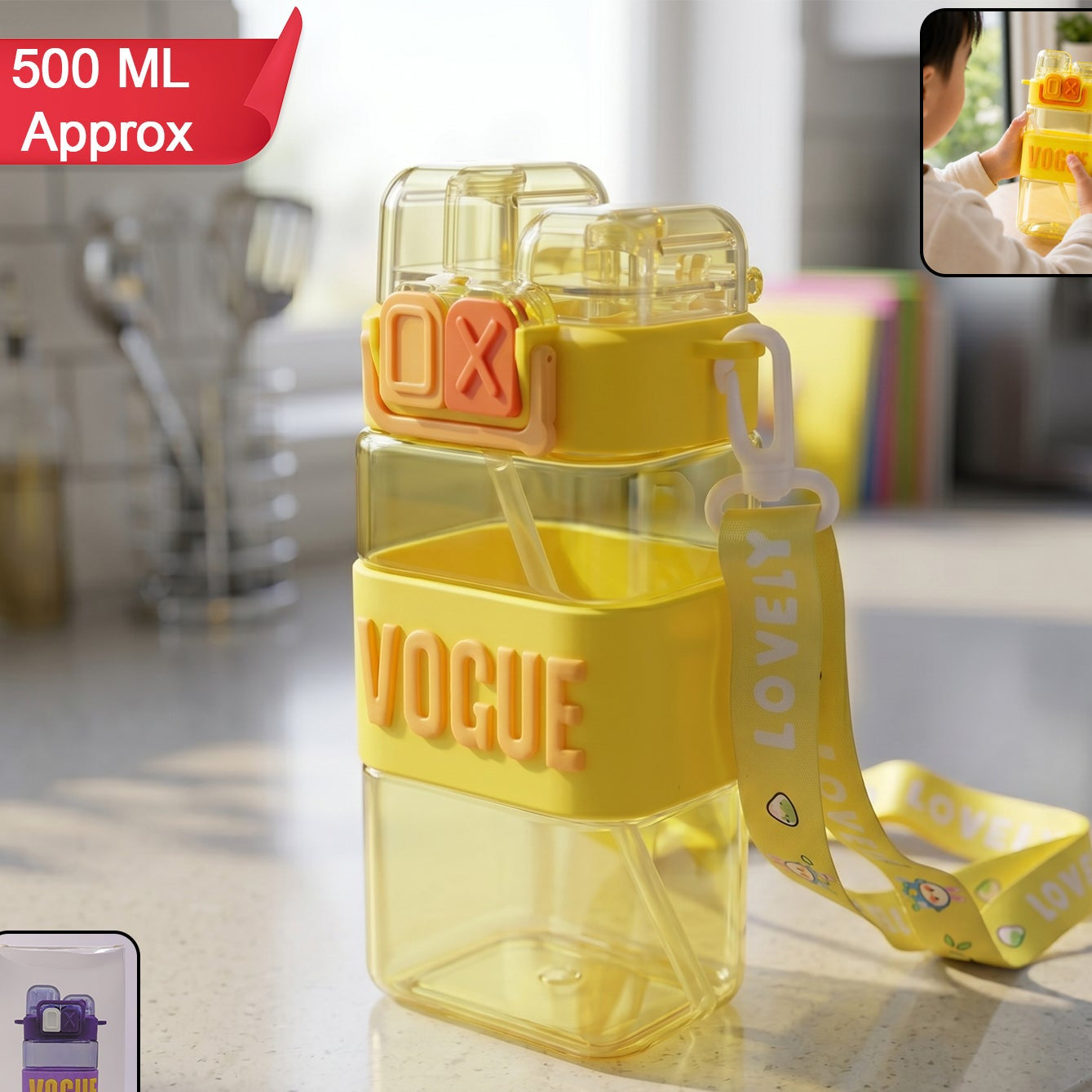 Kids Plastic Sipper Water Bottle with Straw, Leakproof Lid & Carry Strap - 500 ML - Happy Price - Image 1