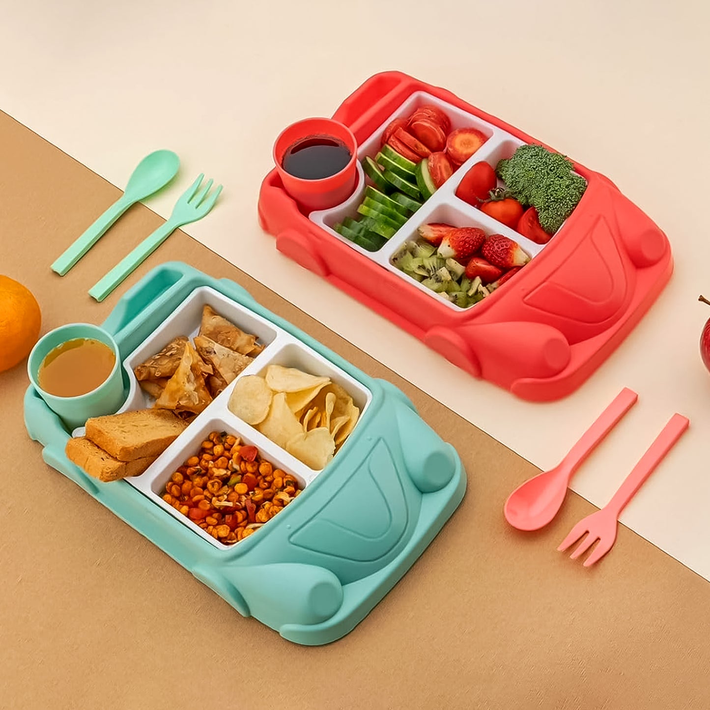 Kids Car Shaped Plates Cup  Lunch Box Dinnerware Set (4 Pcs Set  1000 Ml Lunch Box) - Happy Price - Image 5