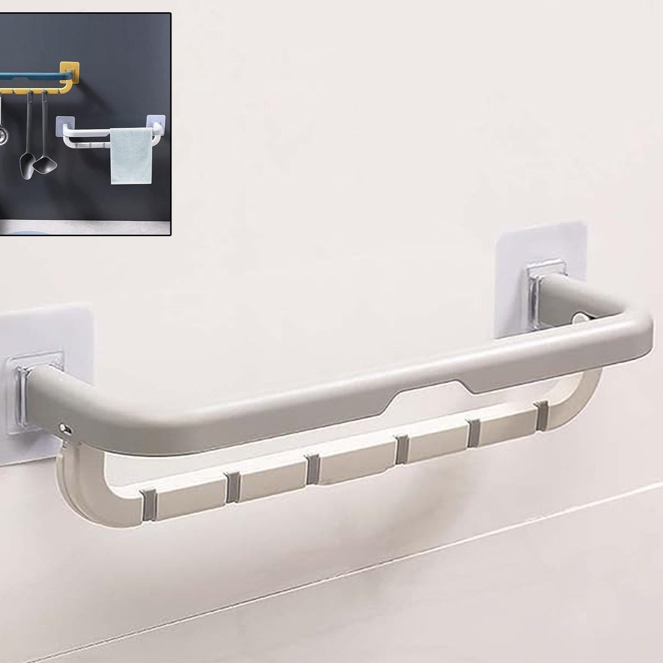 Wall Mounted Double Bar Towel Holder With Hooks  Multifunctional Adjustable Towels Rack For Kitchenbathroom  Folding Towel Shelf - Happy Price - Image 1