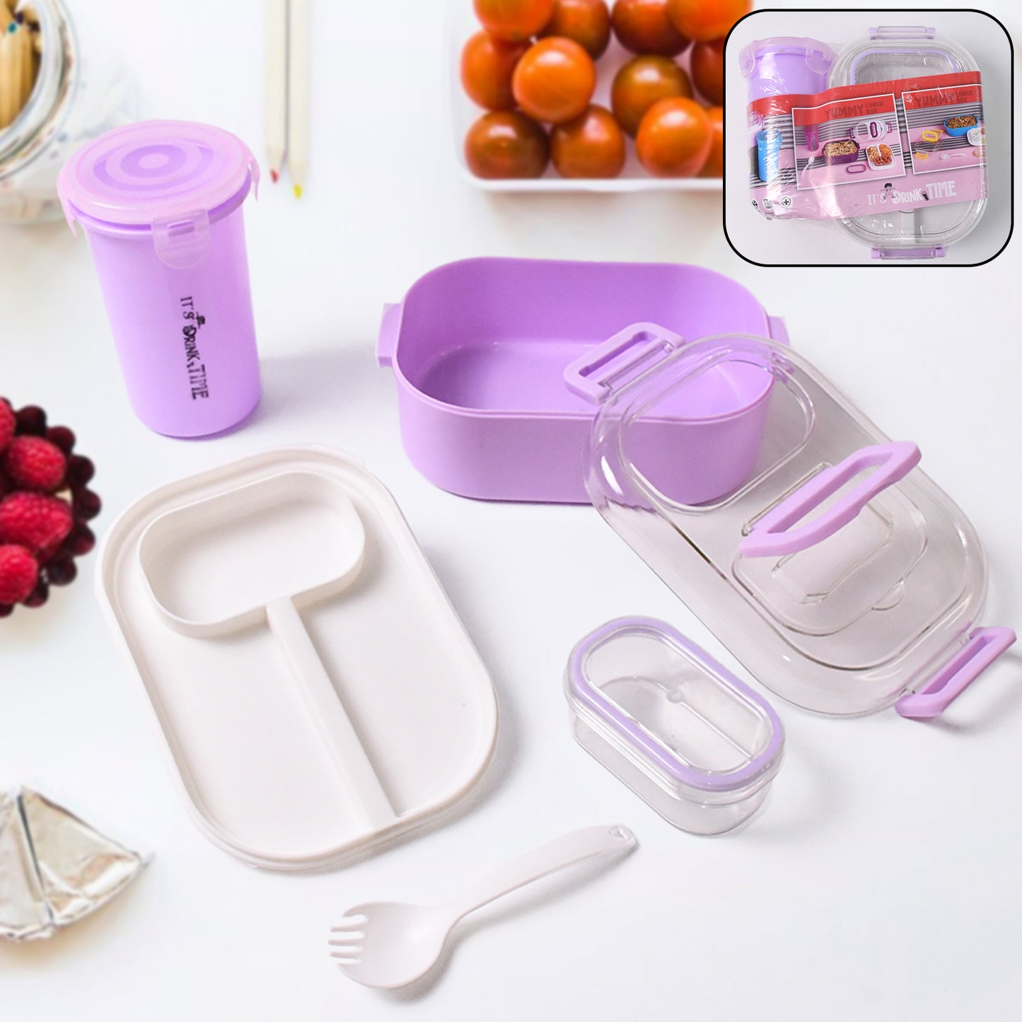 Plastic Lunch Box With Small Box Bottle  Sponn For Kids Lunch Box (4 Pc Set) - Happy Price - Image 2