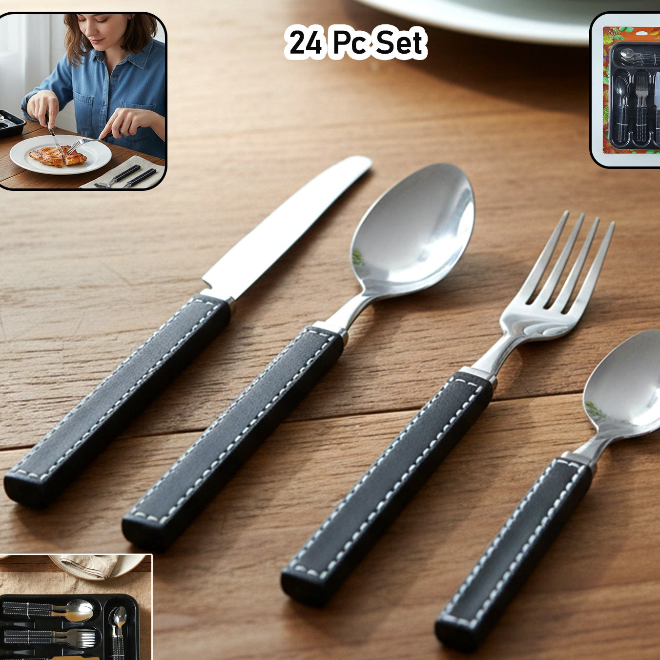 Premium Stainless Steel Kitchen Plastic Handle Cutlery Set With Tray (24 Pc Set)