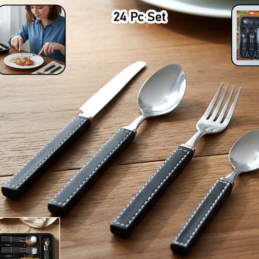 Premium Stainless Steel Kitchen Plastic Handle Cutlery Set With Tray (24 Pc Set)