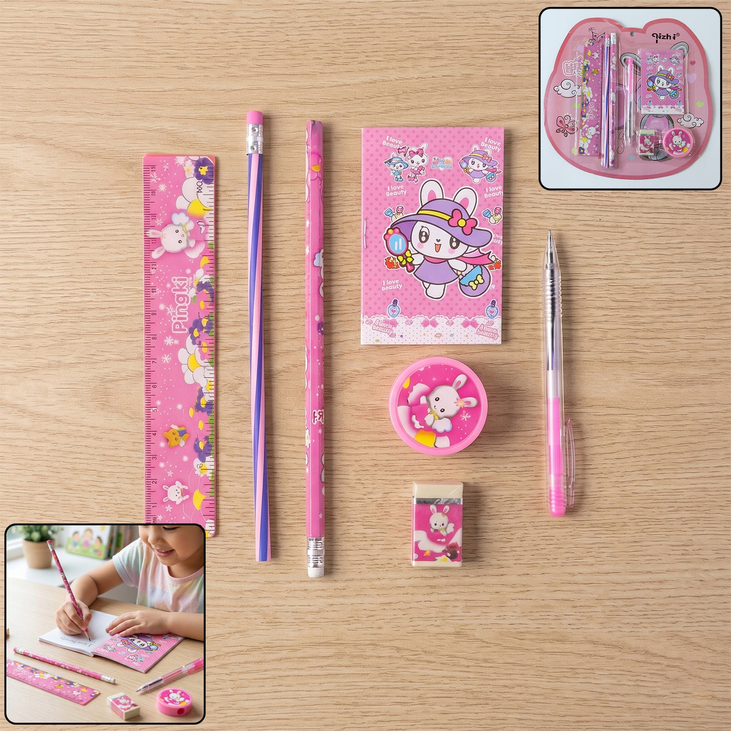 7-in-1 Cute Pink Stationery Kit for Kids - Includes Pen, Pencil, Notebook & More - Happy Price - Image 2