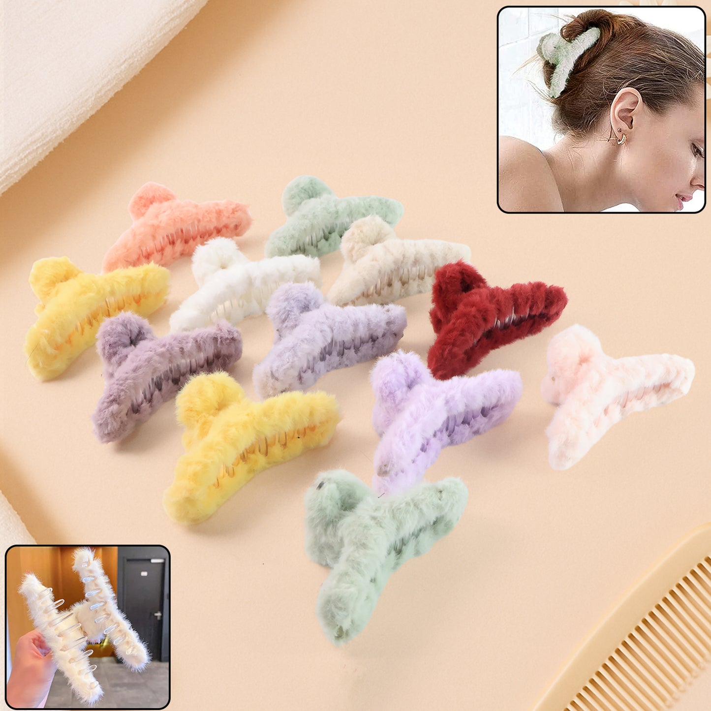Premium Soft Fur Coated Hair Clutcher Clip Set (12 Pc) - Happy Price - Image 7