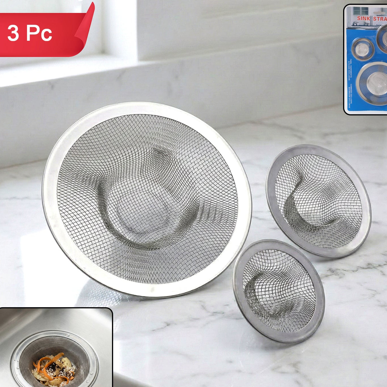 Stainless Steel Sink Drain Strainer Set - 3 Pieces - Happy Price - Image 1