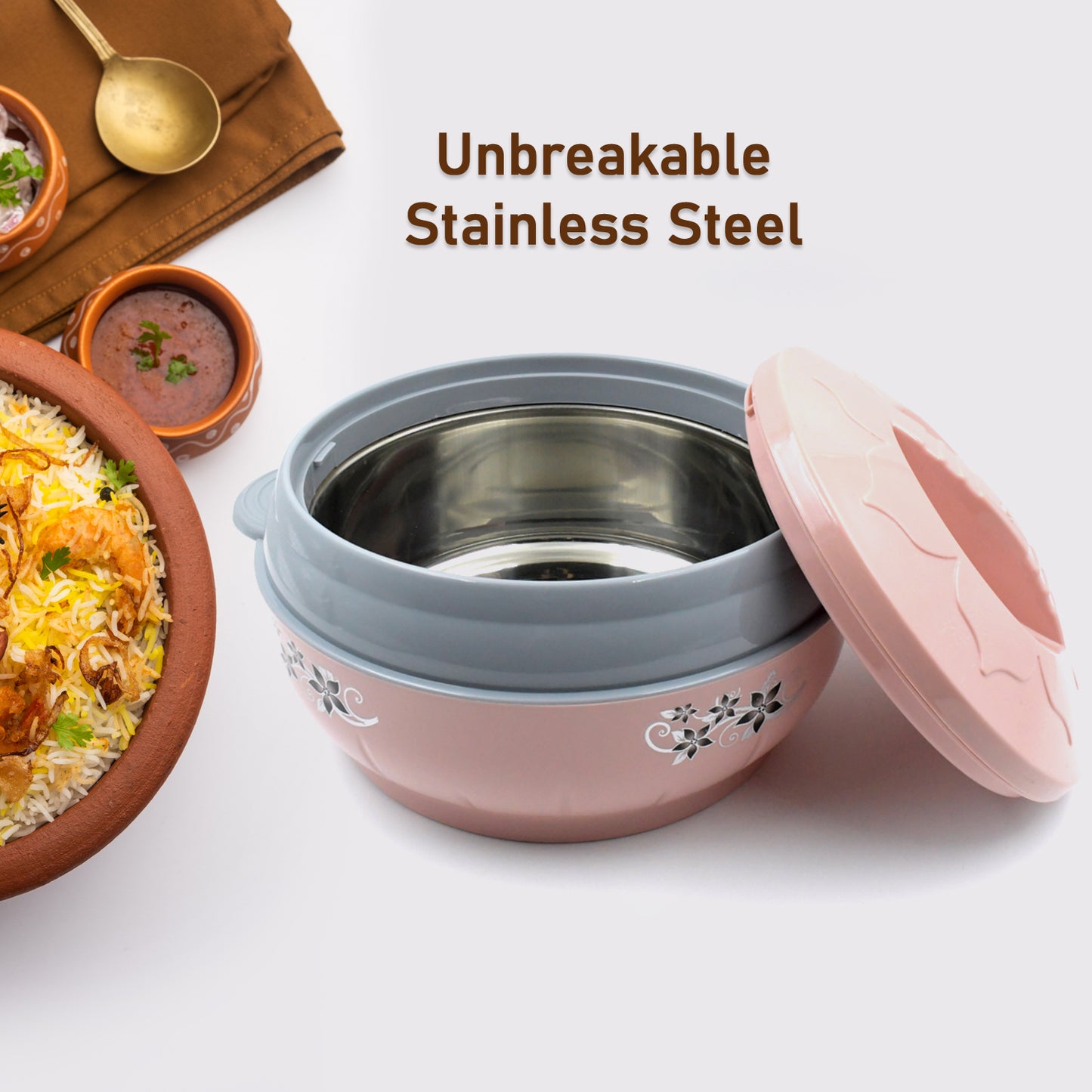 High Quality Steel Casserole Box For Food Searving Inner Steel Insulated Casserole Hot Pot Flowers Printed Chapati Box For Roti Kitchen (Approx 4500 Ml) - Happy Price - Image 3
