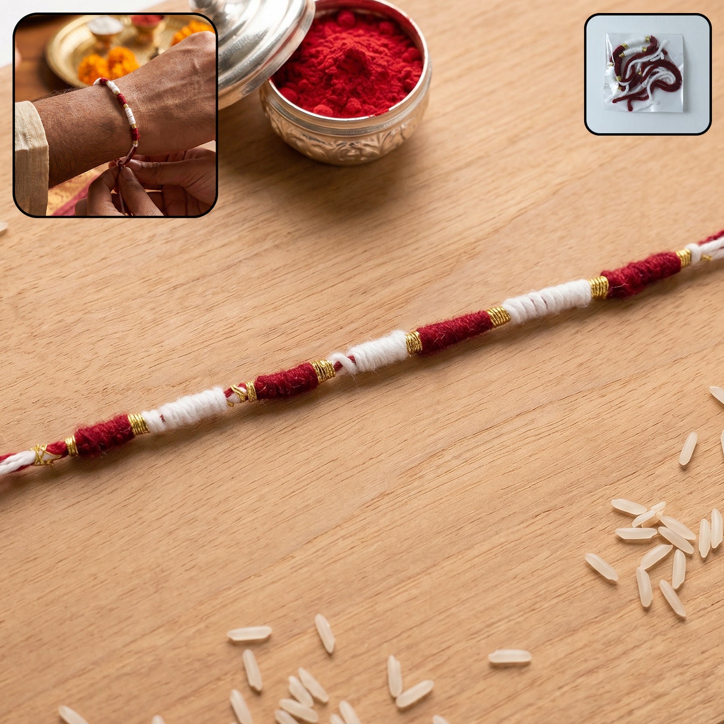 Handmade Red & White Thread Rakhi Bracelet (1 Pc) with Golden Bead Accent - Happy Price - Image 2