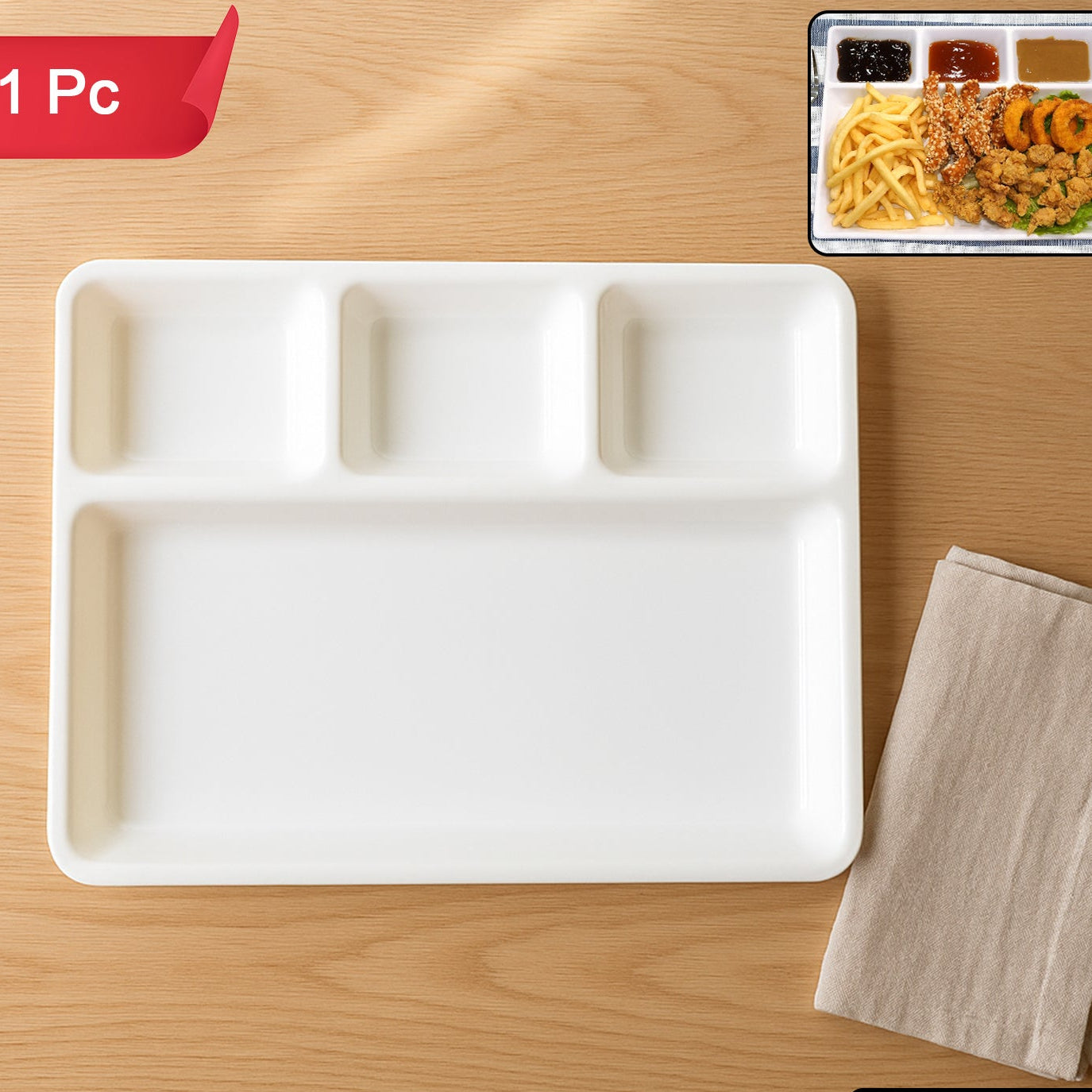 White 4-Compartment Plastic Serving Tray - 33x25 cm, 1 Pc - Happy Price - Image 1