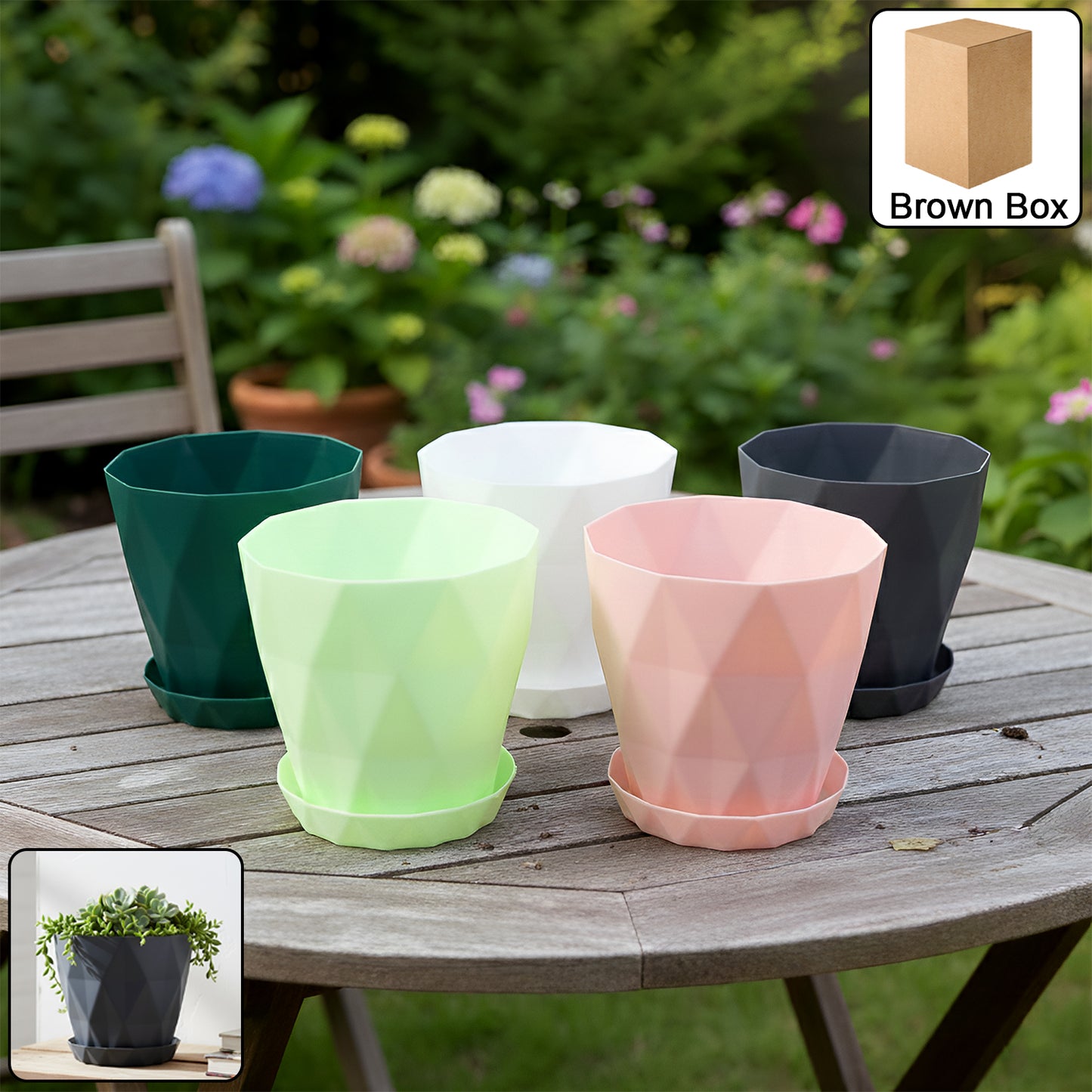 Diamond Design Plastic Flower Pot Set with Drain Tray (5 Pc) - Happy Price - Image 7