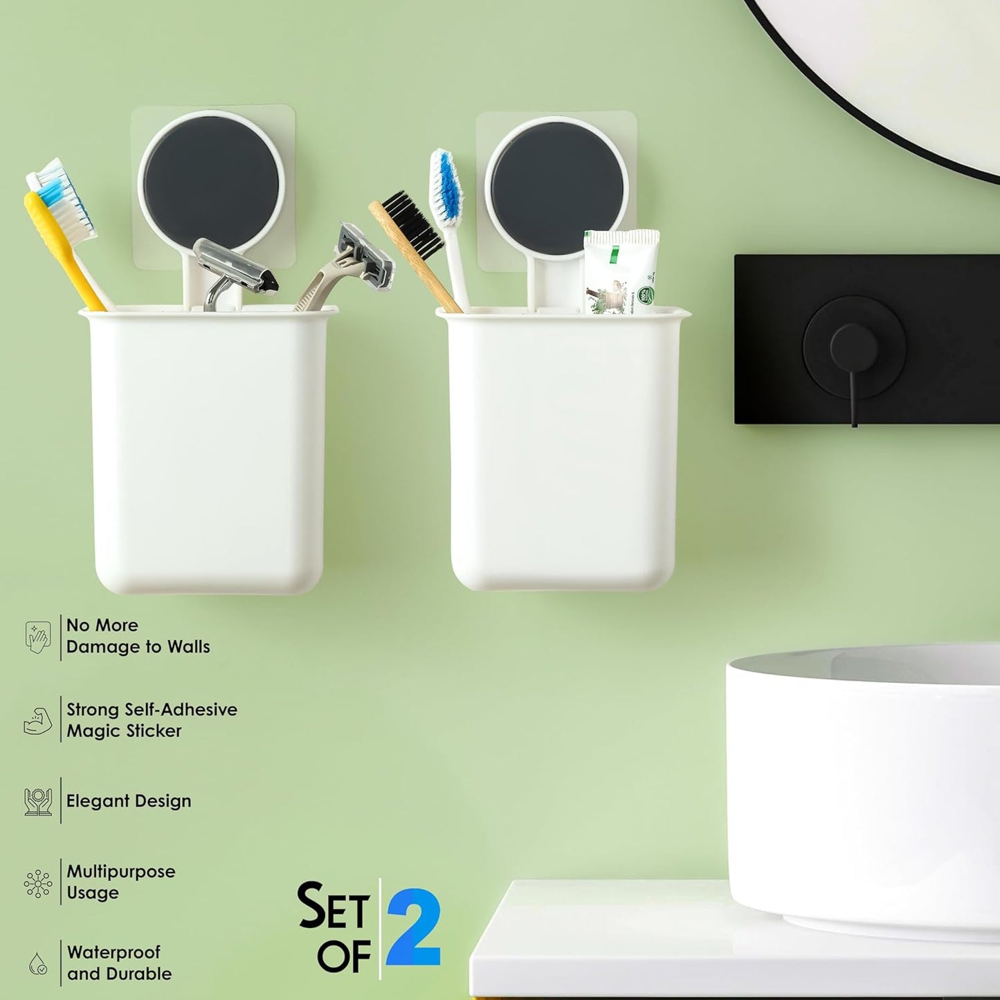 Wall Mounted Bathroom Organizer Cups - 2 Pc Set - Happy Price - Image 6