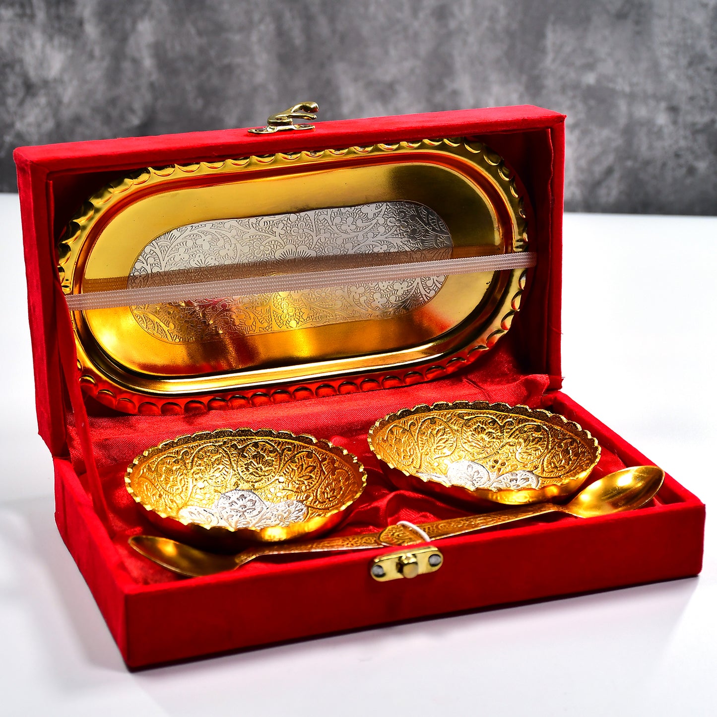 Gold Silver Plated 2 Bowl 2 Spoon Tray Set Brass With Red Velvet Gift Box Serving Dry Fruits Desserts Gift - Happy Price - Image 2