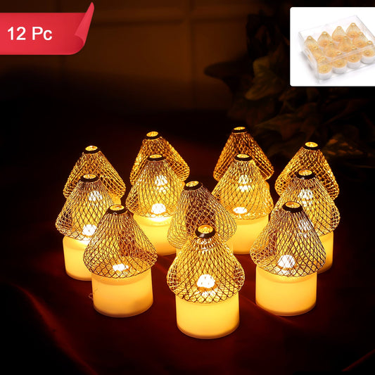 Set of 12 Golden Net Cover LED Flameless Candles - Happy Price - Image 1