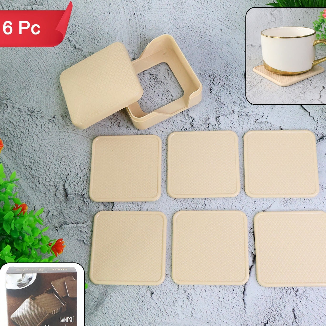 Ganesh Square Coasters Set with Storage Box - 6 Pcs Premium Drink Mats - Happy Price - Image 1