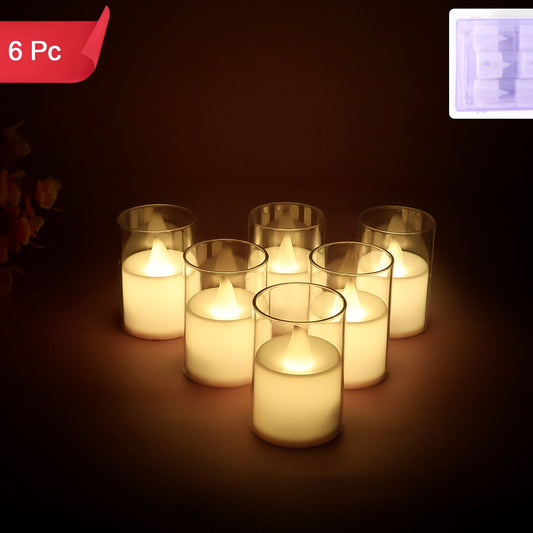 Set of 6 LED Votive Candles with Clear Cups - Battery Operated Flickering Lights - Happy Price - Image 1
