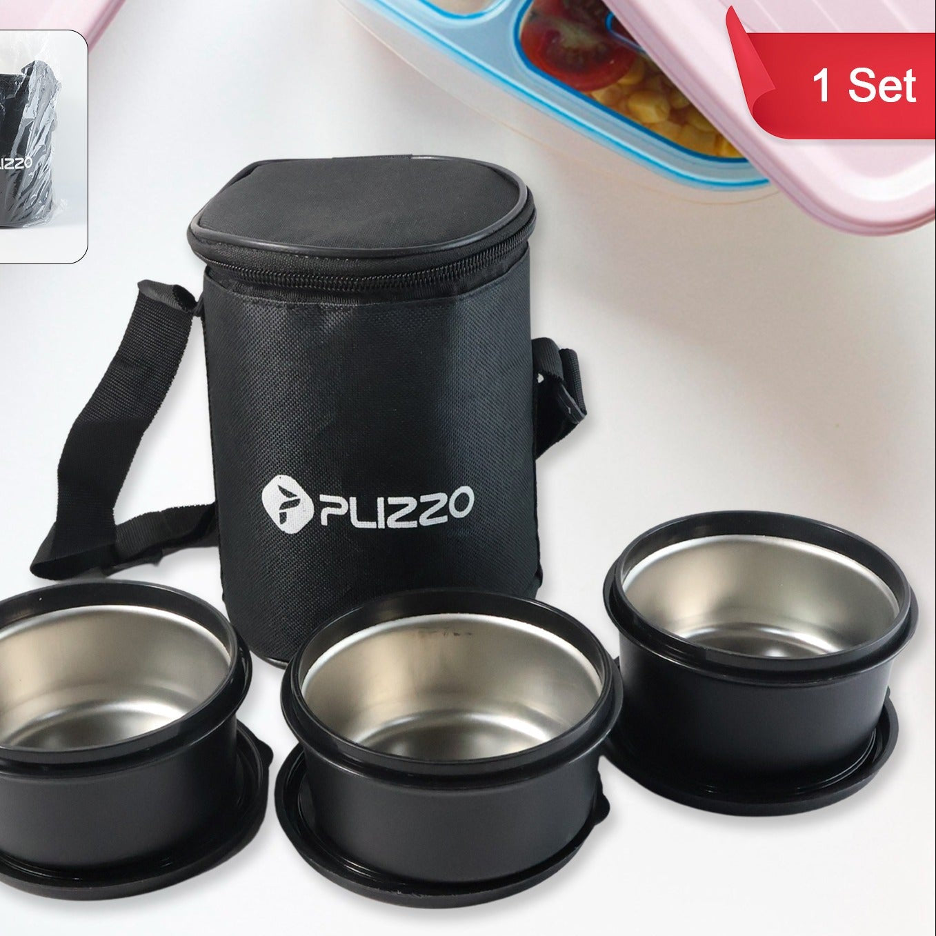 Insulated Stainless Steel Tiffin Lunch Box Set with Bag - 3 Containers - Happy Price - Image 1
