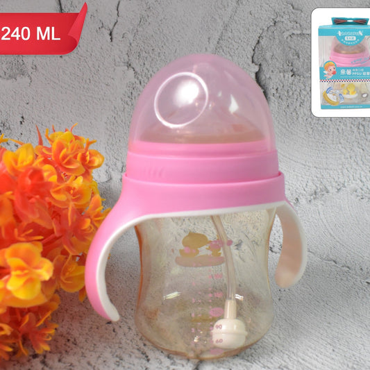 Plastic Baby Feeding Bottle With Handles Cleaning Brush  Straw (240 Ml  1 Pc) - Happy Price - Image 1