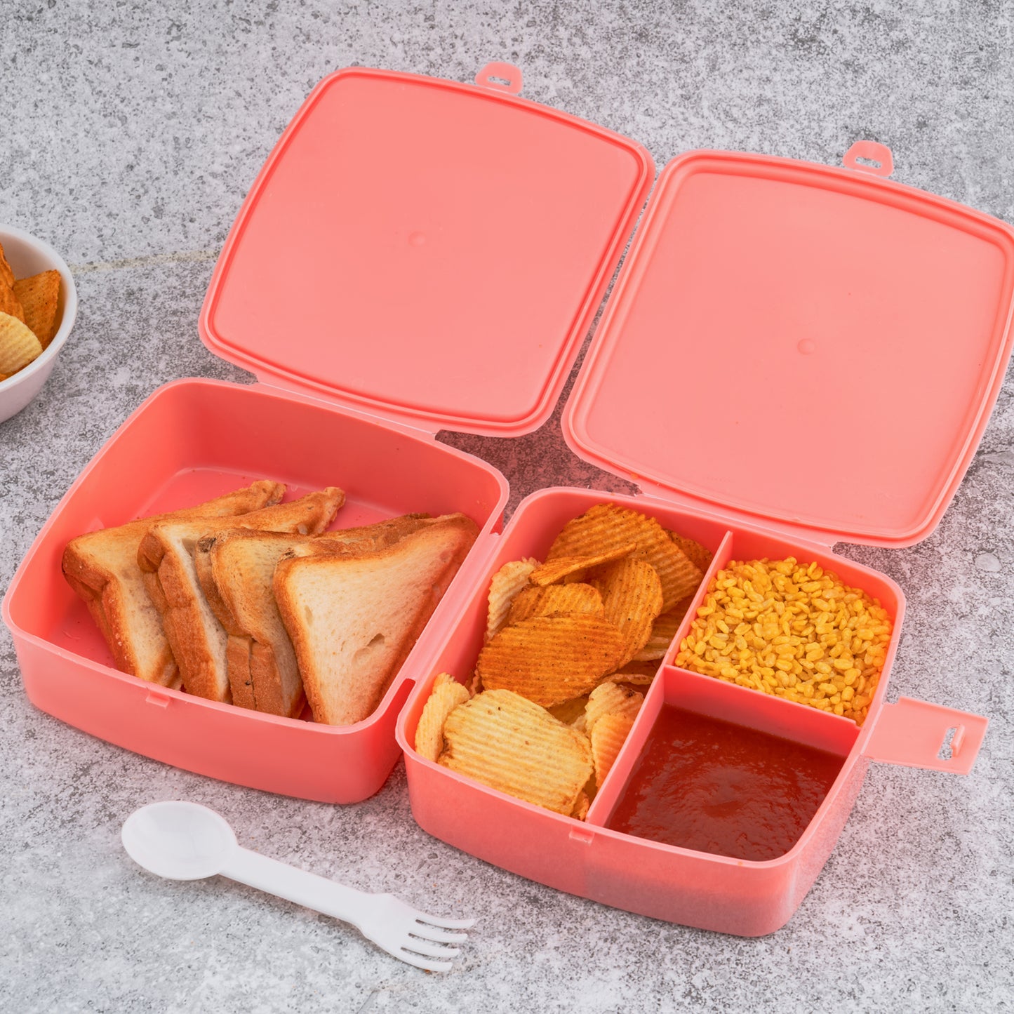 Double-layer Square Lunch Box With  Spoon  4 Compartment Tiffin  Push Lock  Plastic Tiffin Box For Travelling School Kids  Office Exclusive Home - Happy Price - Image 5
