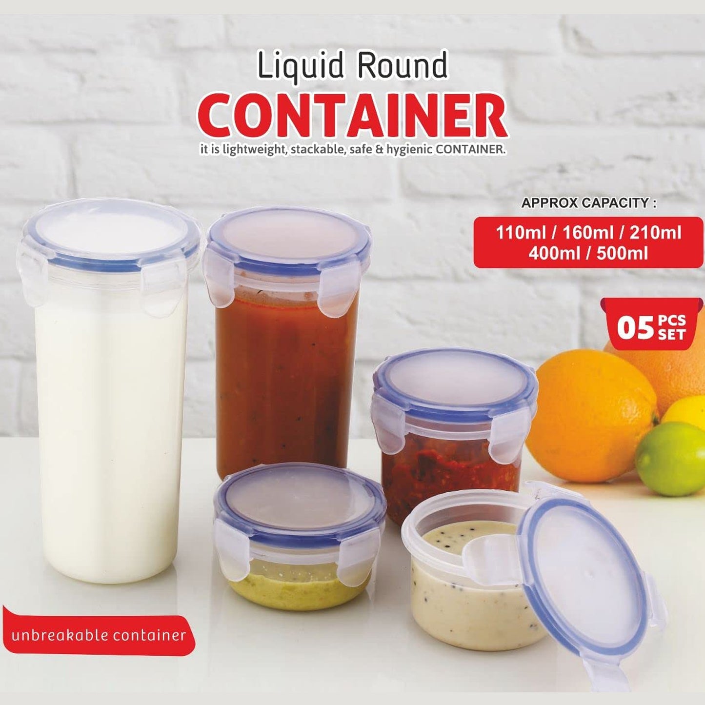 5830 Plastic Liquid Round Airtight Food Storage Container With Leak Proof Locking Lid Bpa Free Container For Kitchen 5 Pcs Set (Transparent  ( Approx Capacity 110 Ml160 Ml210 Ml400 Ml500 Ml) - Happy Price - Image 2