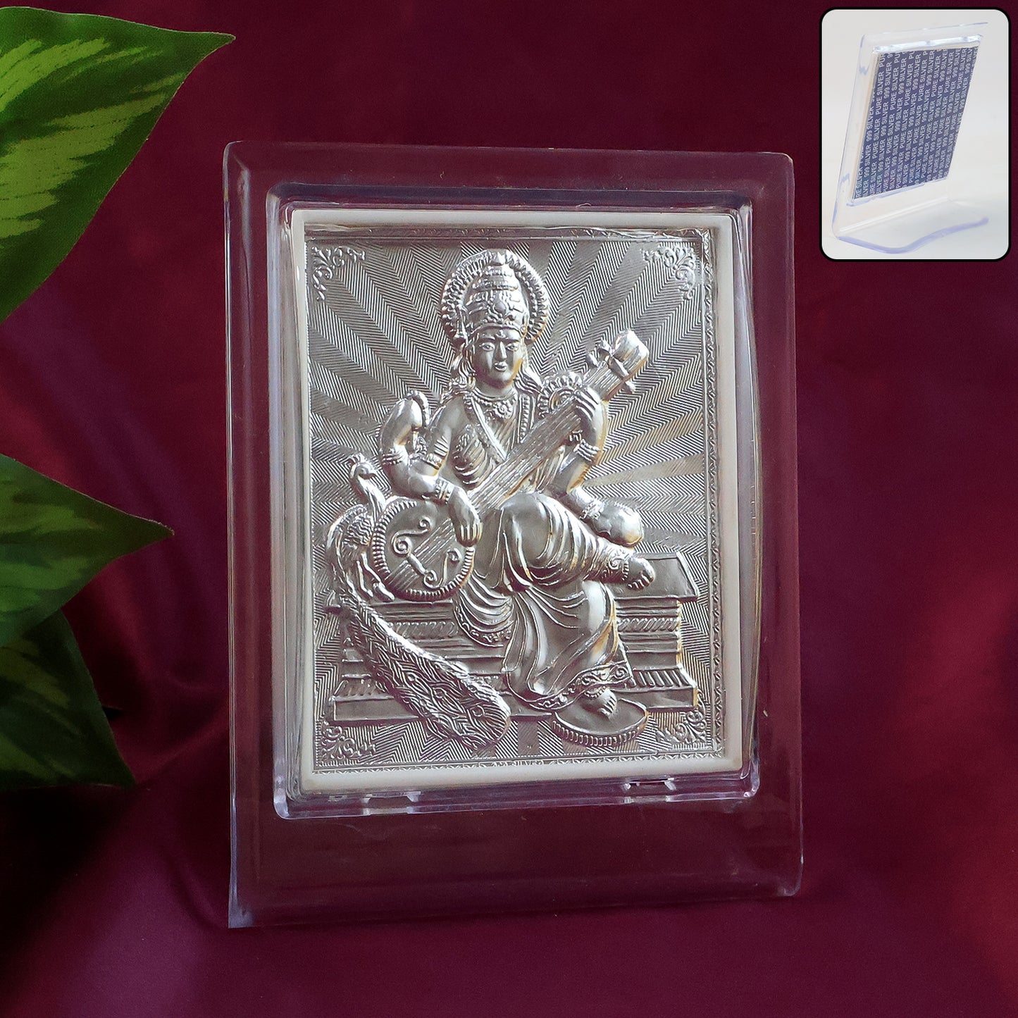 Silver Saraswati Maa Photo Frame with Stand - 1 Pc - Happy Price - Image 3