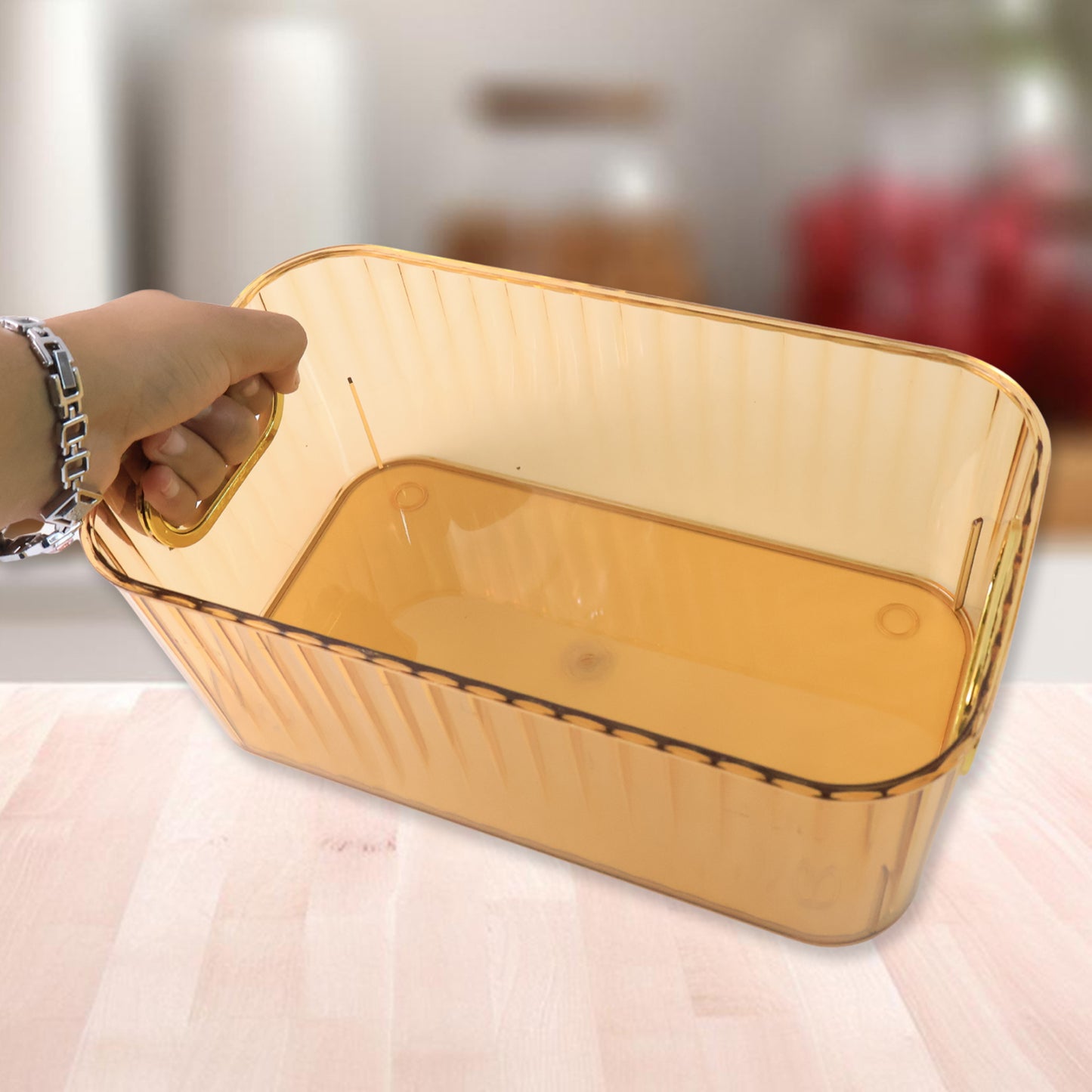 Premium Ribbed Transparent Storage Basket With Gold Handle  Multipurpose Kitchen Amp Home Organizer Box (25x14cm  2 Pc) - Happy Price - Image 3