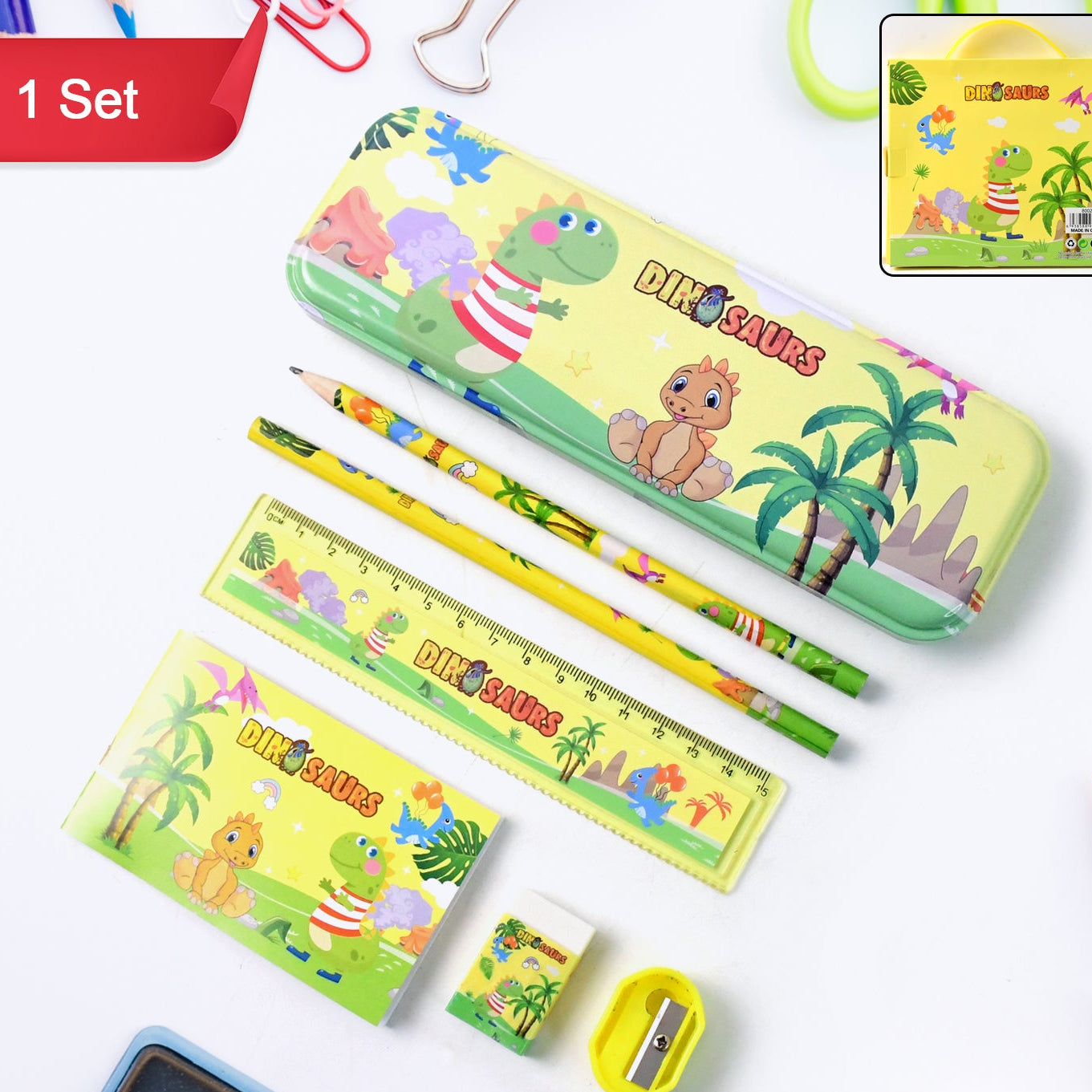 Dinosaur Themed Kids Stationery Set with Pencil Box, Pencils, Scale, Eraser & Sharpener - Happy Price - Image 1
