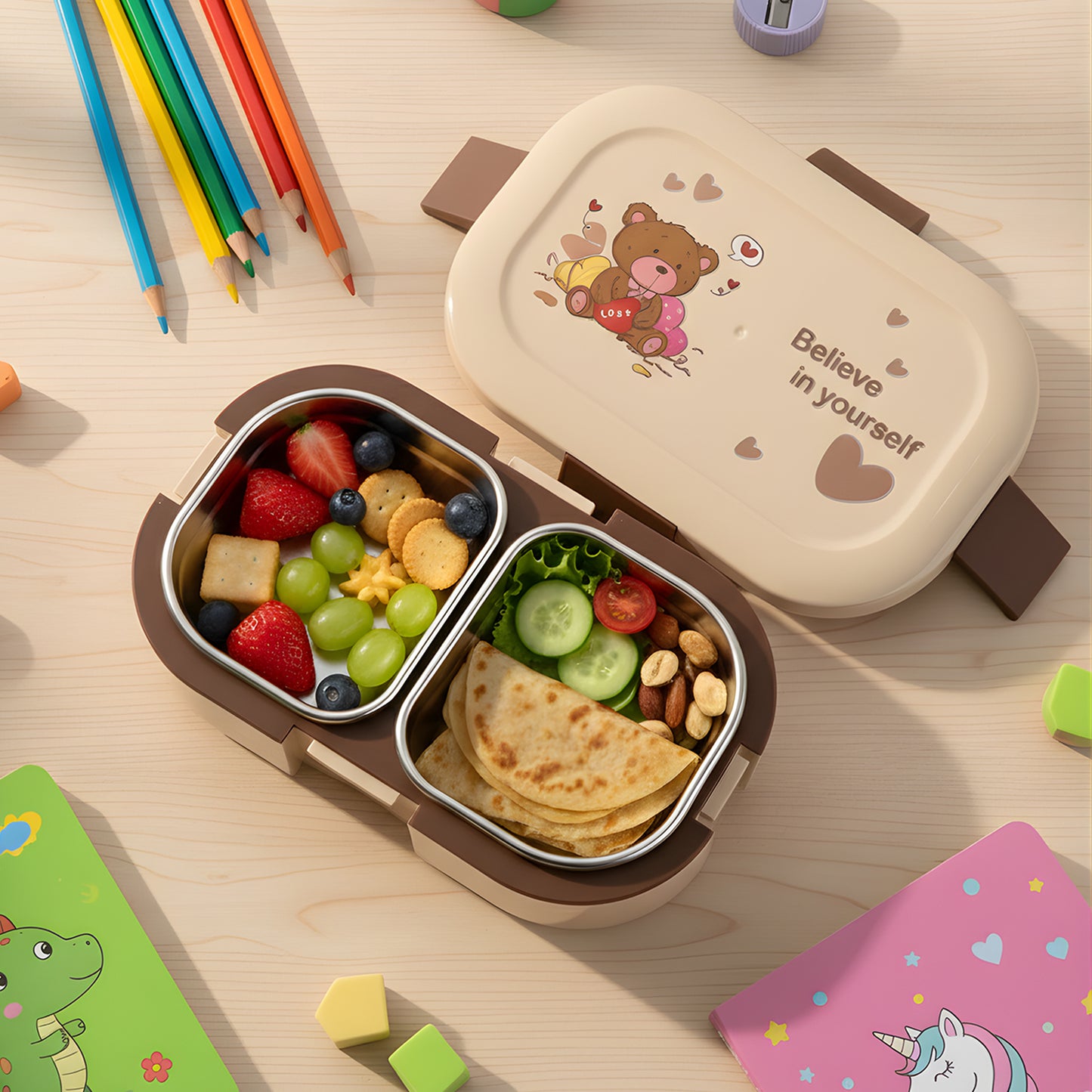 Teddy Print Kids Lunch Box - 500ml Tiffin with 2 Stainless Steel Containers - Happy Price - Image 7