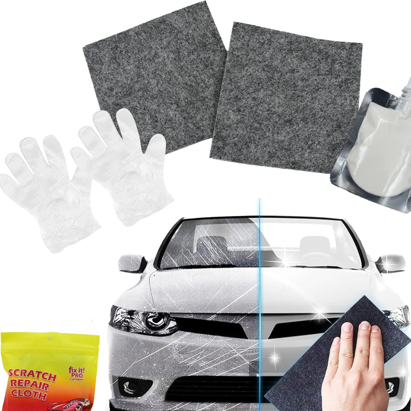 Nano Magic Car Scratch Remover Cloth Multipurpose Scratch Repair Cloth Cloth For Car Paint Scratch Repair Easy To Repair Slight Scratches On The Surface Polishing Repeatable Use For All Kinds Of Car (45 Ml Repair Solution 2 Gloves 2 Nano Cloth) - Happy Price - Image 1