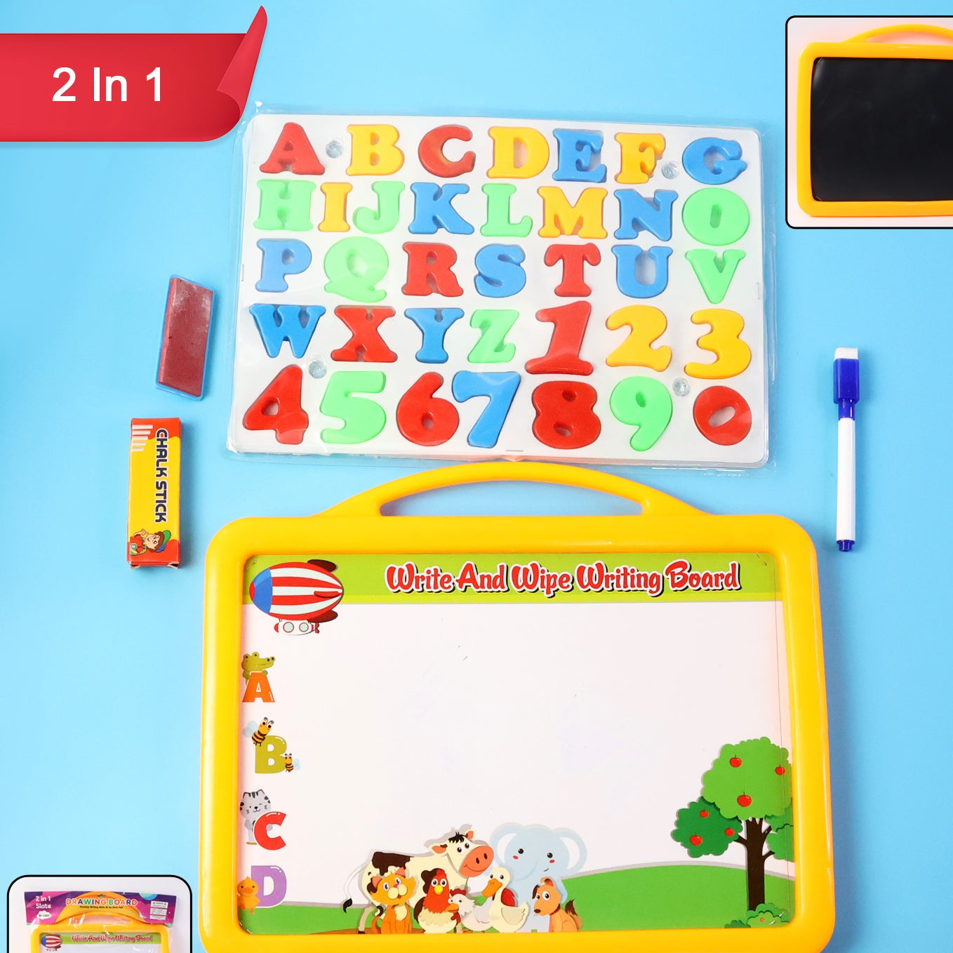 2-in-1 Kids Double-Sided Writing Board Set - Whiteboard & Blackboard with Magnetic Learning Pieces - Happy Price - Image 1