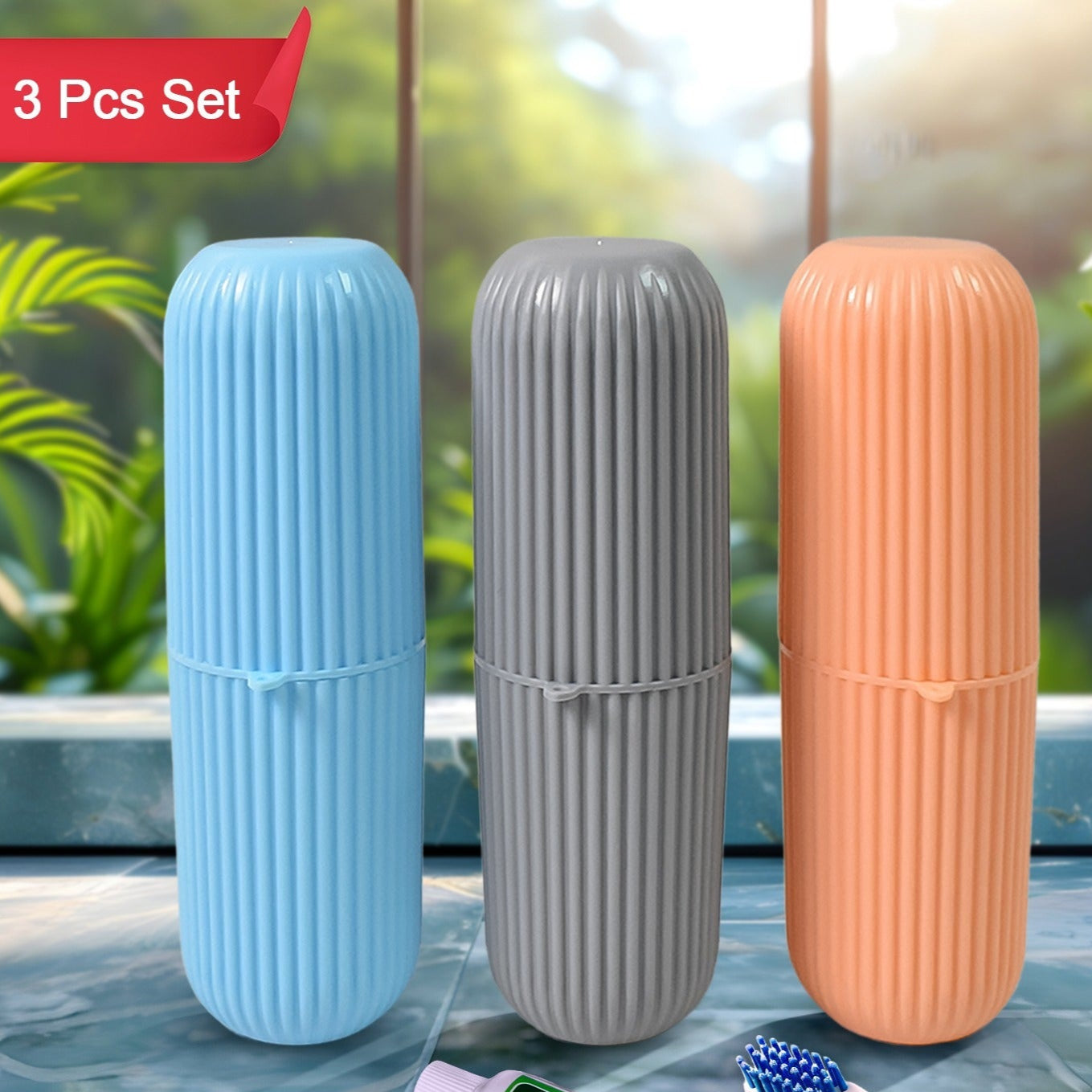 Capsule Shape Travel Toothbrush Toothpaste Case Holder (Multicolor  3 Pcs Set) - Happy Price - Image 1