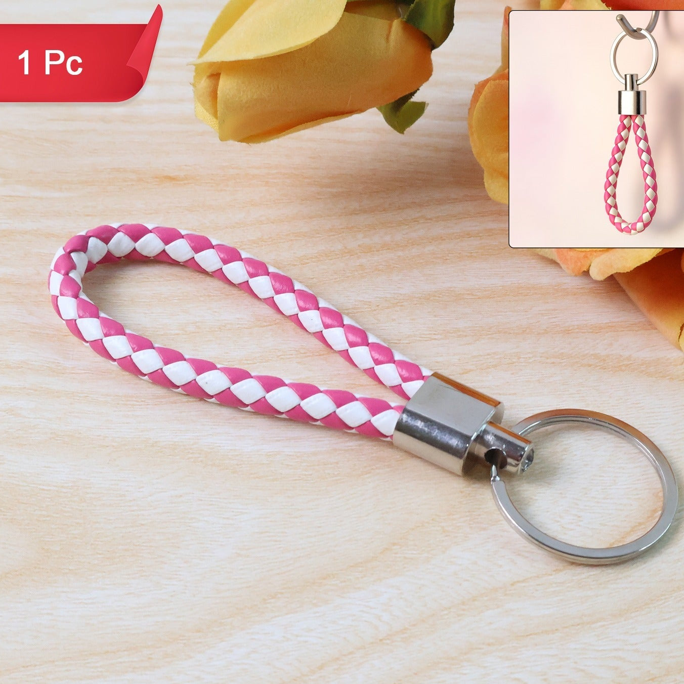 Braided Leather-Style Keychain with Metal Ring - 1 Pc - Happy Price - Image 1