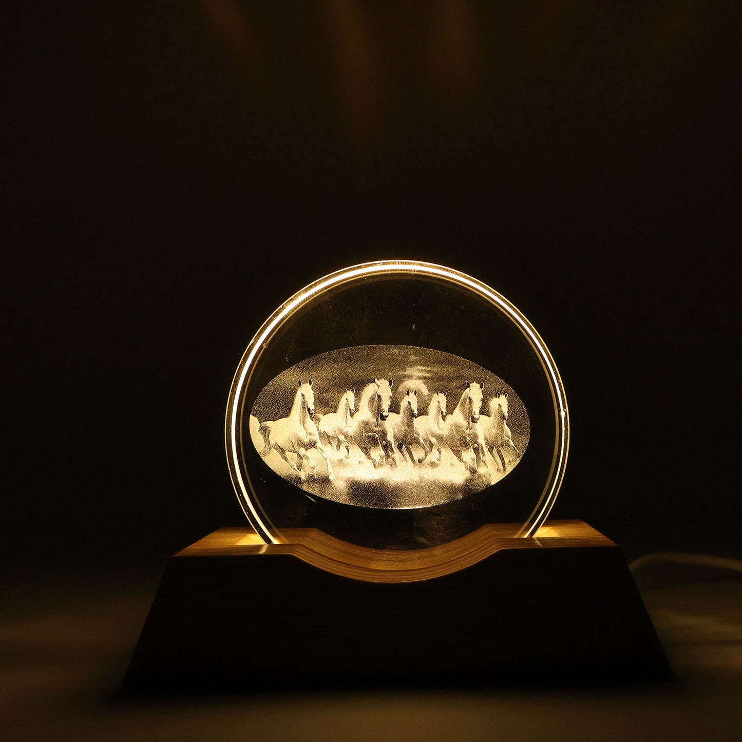 3D Crystal LED Table Lamp with Running Horses Design - Wooden Base, Ambient Light (1 Pc) - Happy Price - Image 2