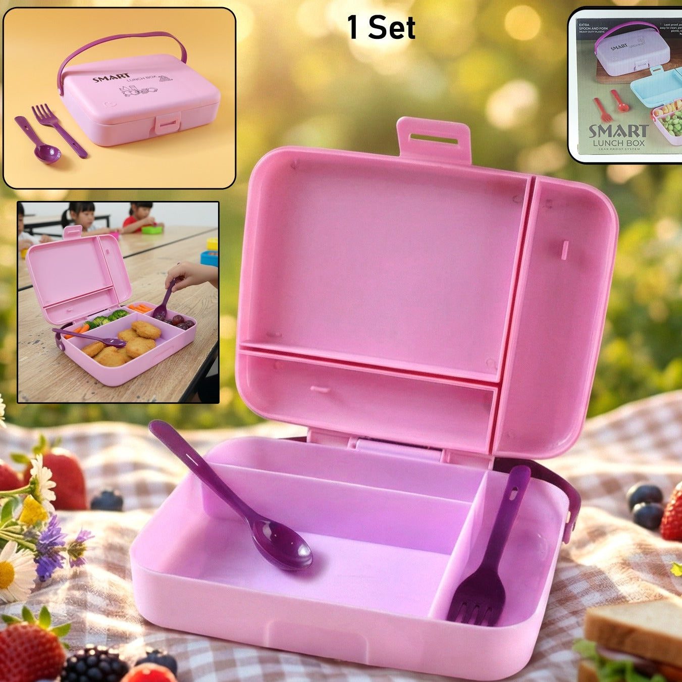 Leak-Proof 3-Compartment Lunch Box with Spoon Set - 1 Set - Happy Price - Image 1