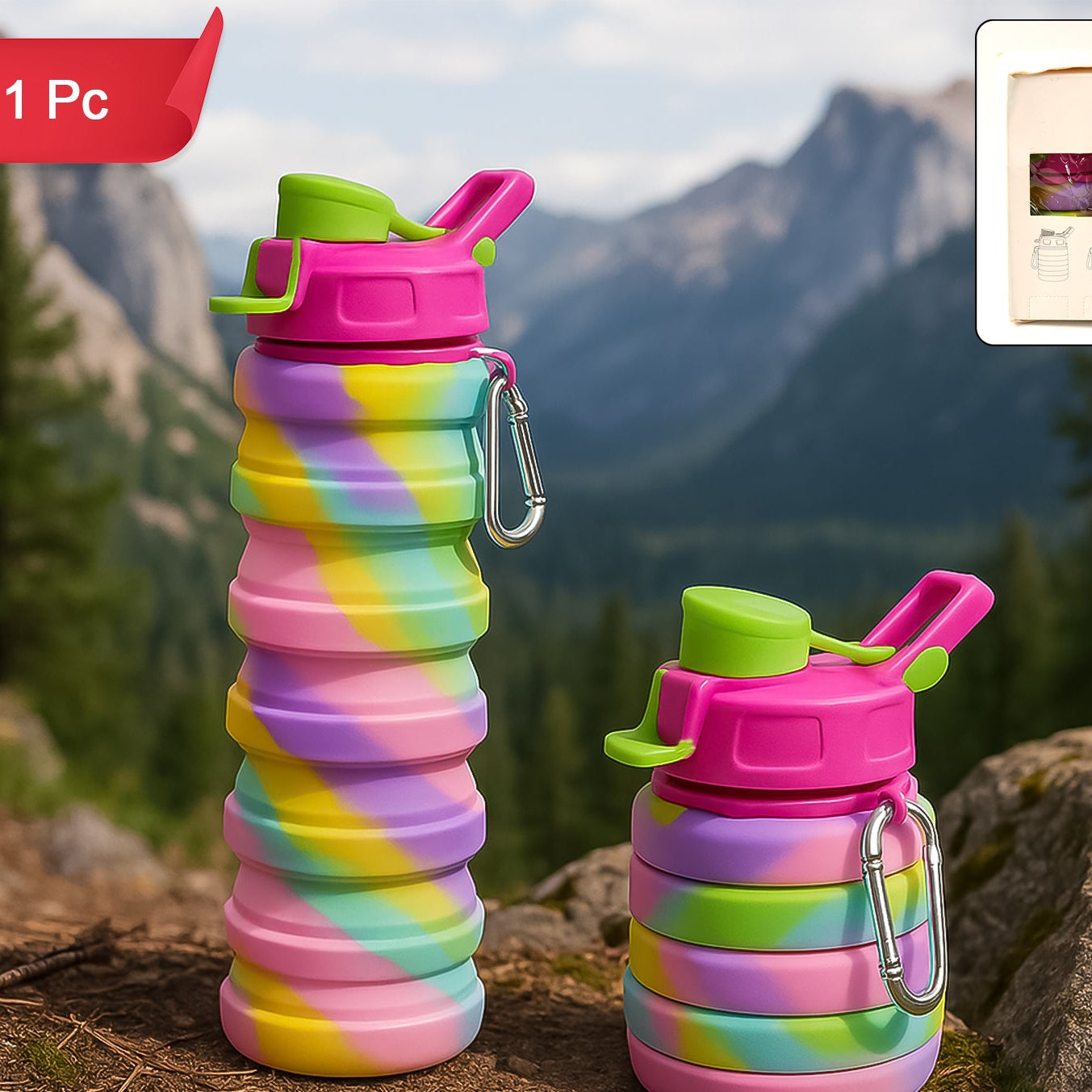 Colorful Collapsible Silicone Water Bottle with Carabiner Clip - 1 Pc - Happy Price - Image 1