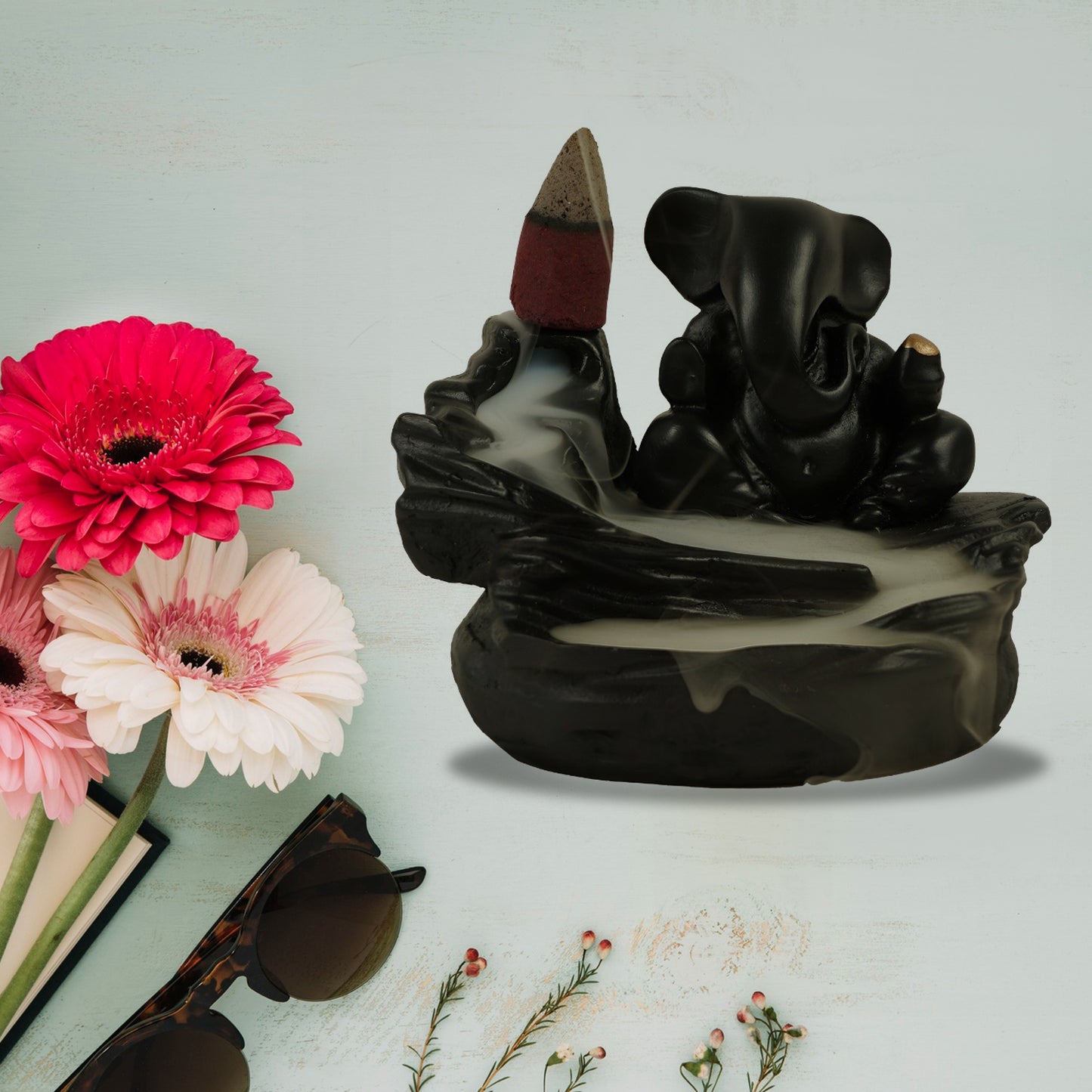 Smoke Fountain Ganesha Idol Decoration Items With 8 Pc Backflow Incense Cones Sticks (1 Pc) - Happy Price - Image 2