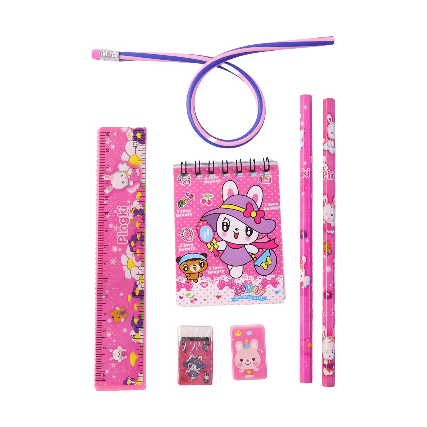 7-in-1 Cute Pink Stationery Kit for Kids - Includes Ruler, Pencils, Eraser, Sharpener & Notebook - Happy Price - Image 4