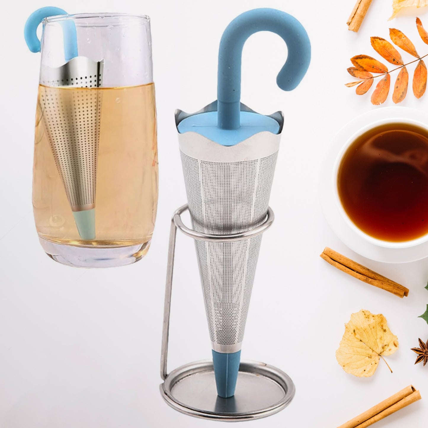 Reusable Cute Umbrella Tea Strainer With Tray  Stand (1 Pc) - Happy Price - Image 2