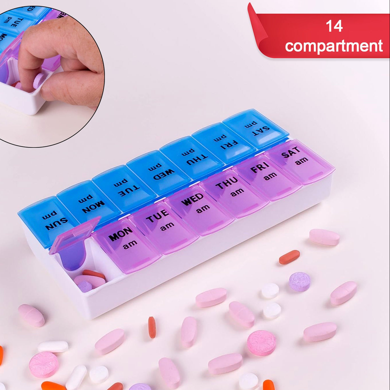Weekly Pill Organizer Box - 14 Compartments for AM/PM Doses (1 Pc) - Happy Price - Image 1