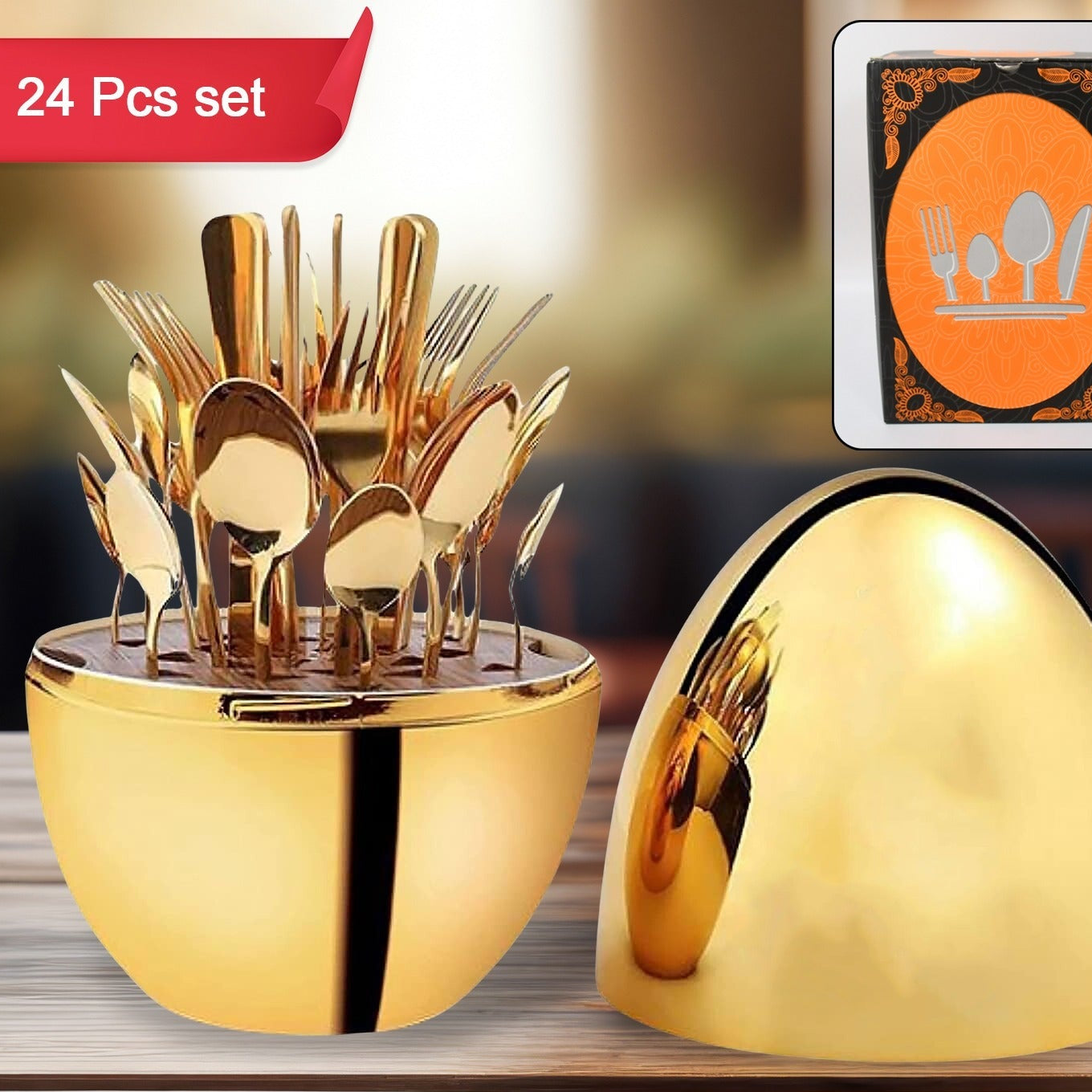 Premium Cutlery Set 24 Pcs With Oval Shaped Stand  Beautiful Stylish Oval Designed Cutlery Sets Egg-shaped Luxury Spoon Holder Set (Golden  24 Pcs Set) - Happy Price - Image 1