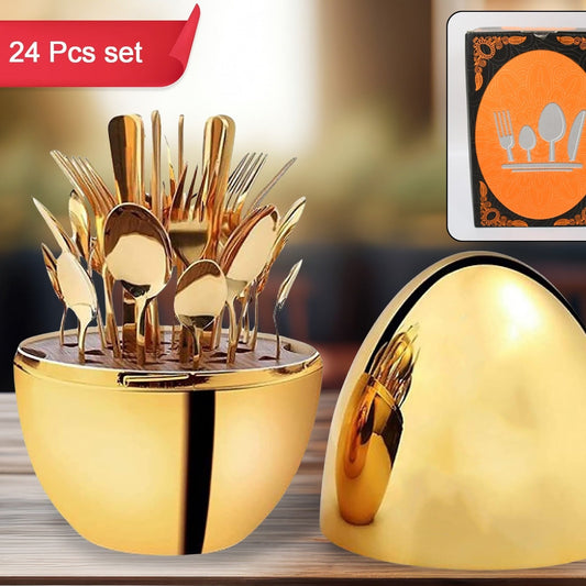 Premium Cutlery Set 24 Pcs With Oval Shaped Stand  Beautiful Stylish Oval Designed Cutlery Sets Egg-shaped Luxury Spoon Holder Set (Golden  24 Pcs Set) - Happy Price - Image 1
