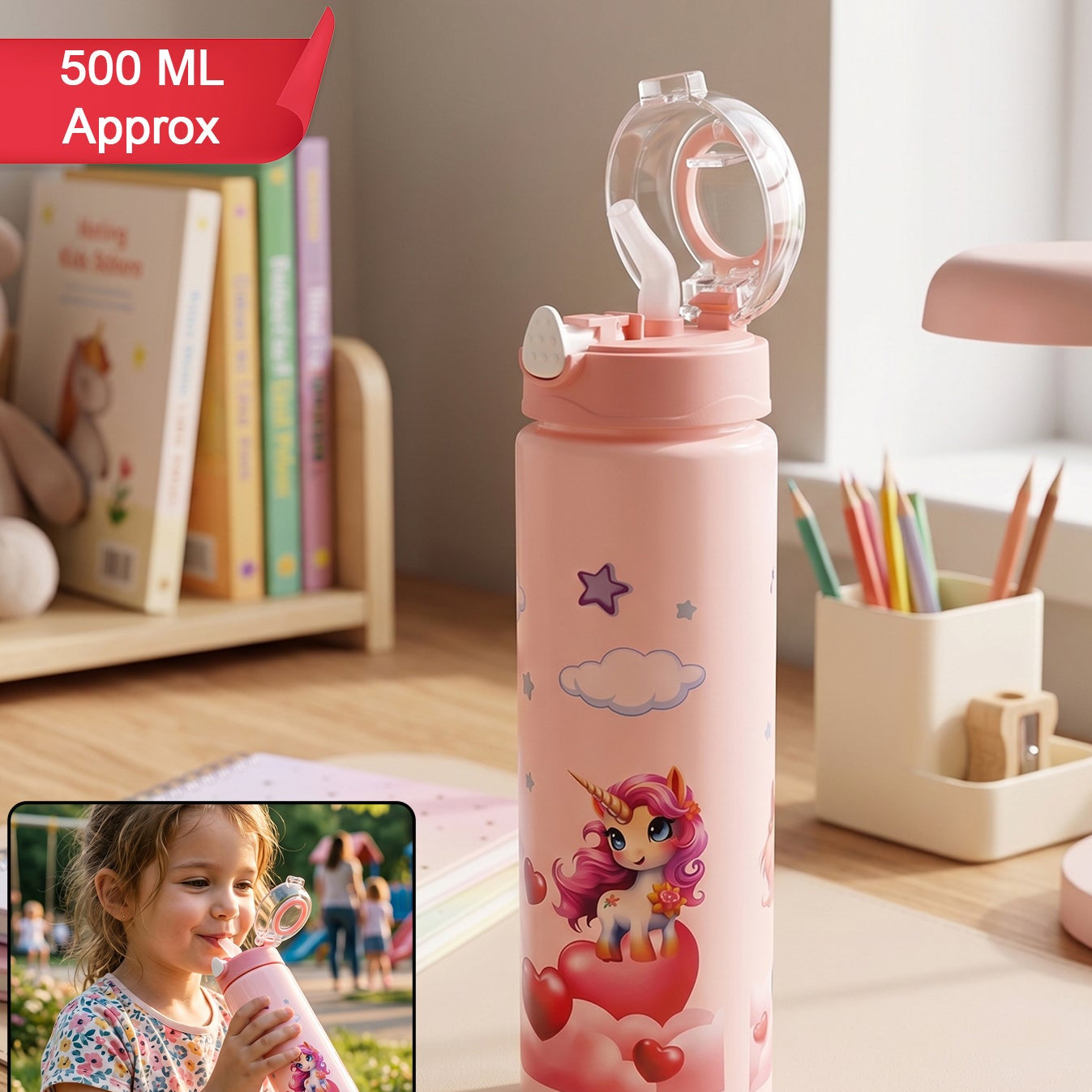 Cute Cartoon Printed Kids Water Bottle With Flip Top Lid Straw (500 Ml Approx)