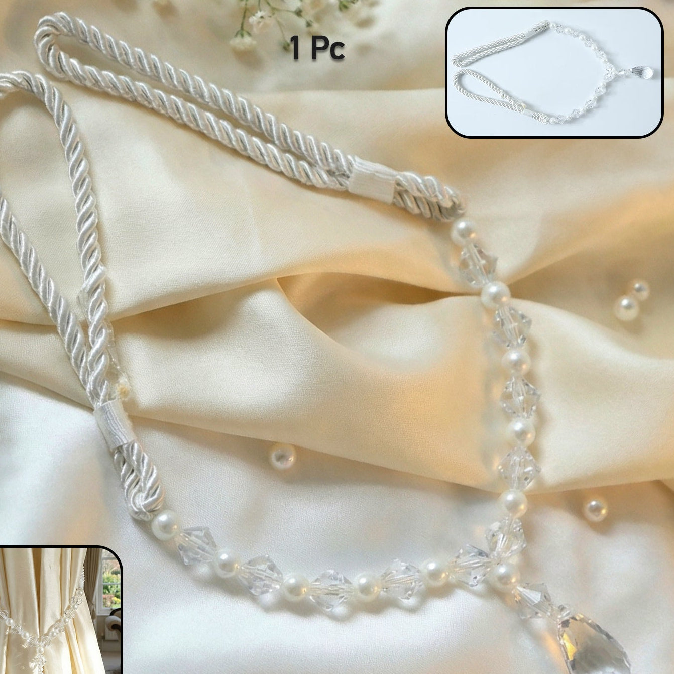 Crystal and Pearl Beaded Curtain Tieback with Rope Design (1 Pc) - Happy Price - Image 1
