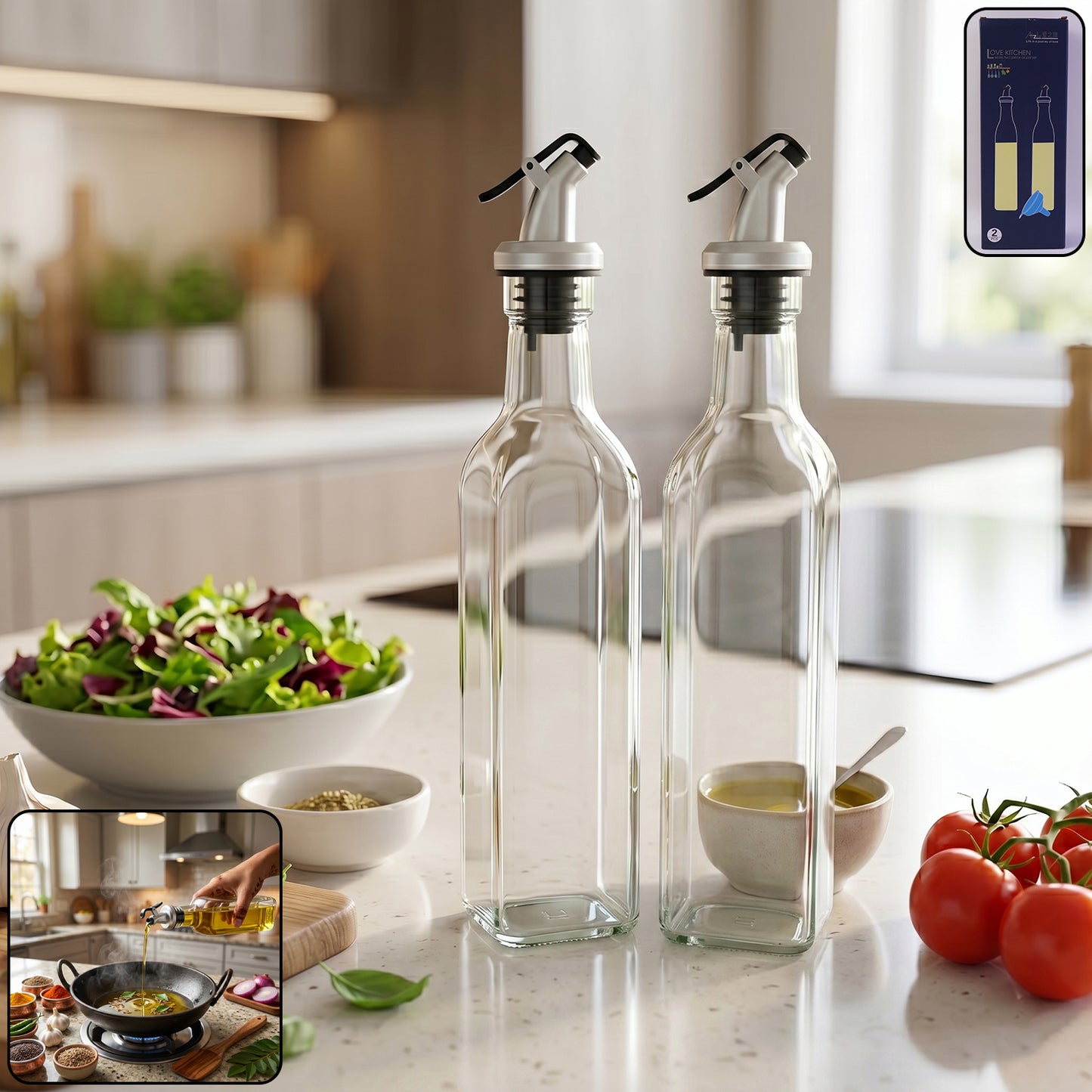 Glass Oil Dispenser Bottle Set - 500ml Leak Proof Pourer (2 Pc) - Happy Price - Image 2