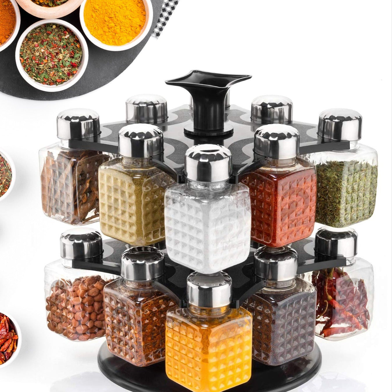 All New Square 16 Bottle Design 360 Degree Revolving Spice Rack Container Condiment Pieces Set Square Small Container - Happy Price - Image 1