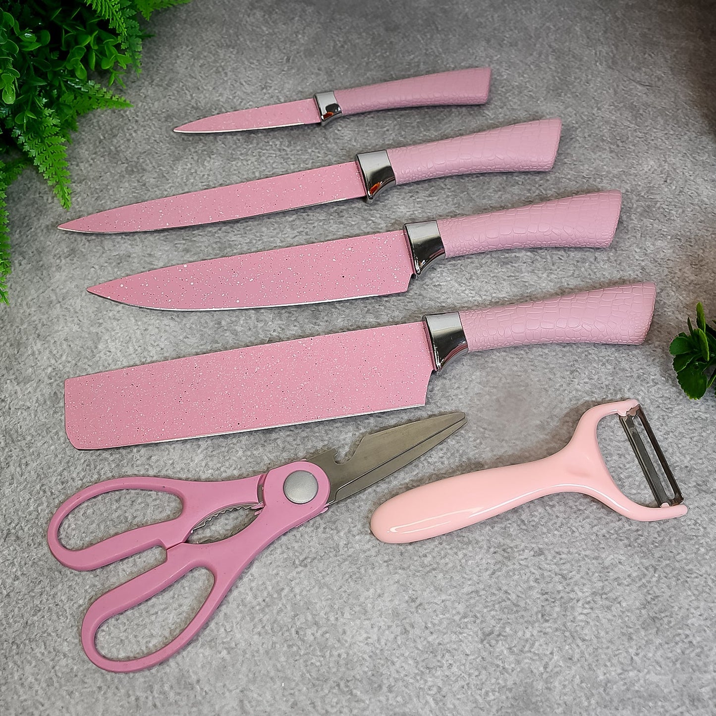 6 Piece Stainless Steel Kitchen Knife Set with Ceramic Coating, Scissor & Peeler - Happy Price - Image 1