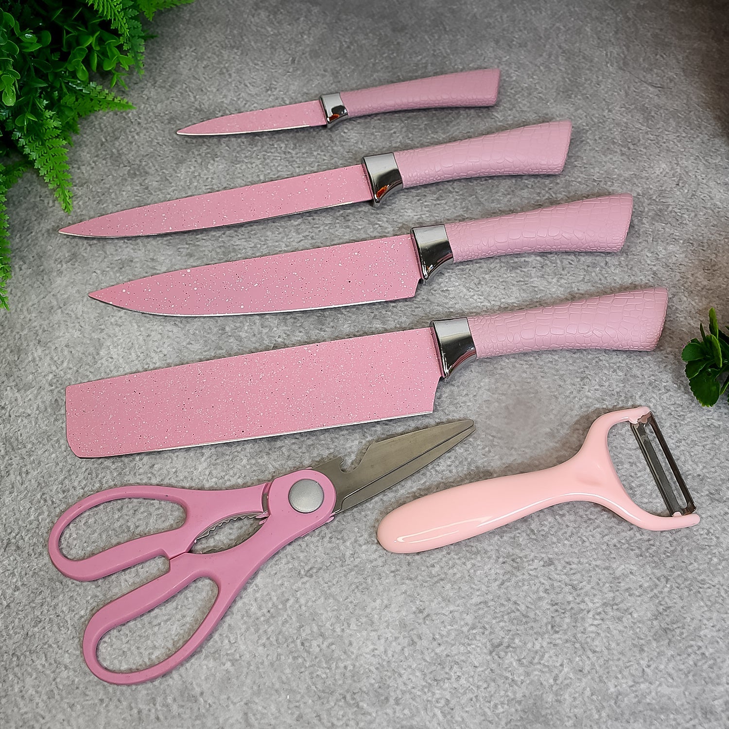 6 Piece Stainless Steel Kitchen Knife Set with Ceramic Coating, Scissor & Peeler - Happy Price - Image 1