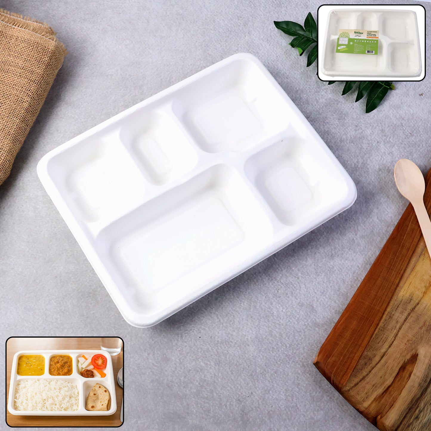 5-Compartment Bagasse Plates - 10 Pcs Pack | Eco-Friendly & Compostable Meal Trays - Happy Price - Image 2