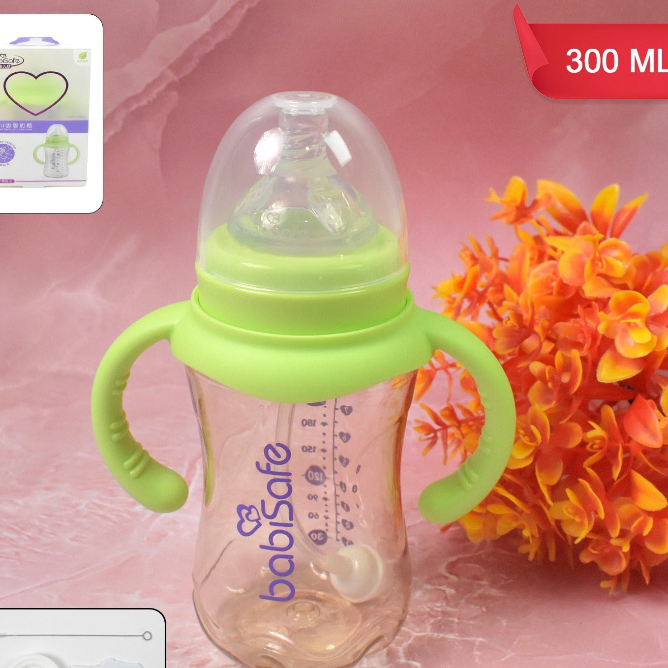 Plastic Baby Feeding Bottle With Handles Cleaning Brush  Straw (300 Ml  1 Pc) - Happy Price - Image 1