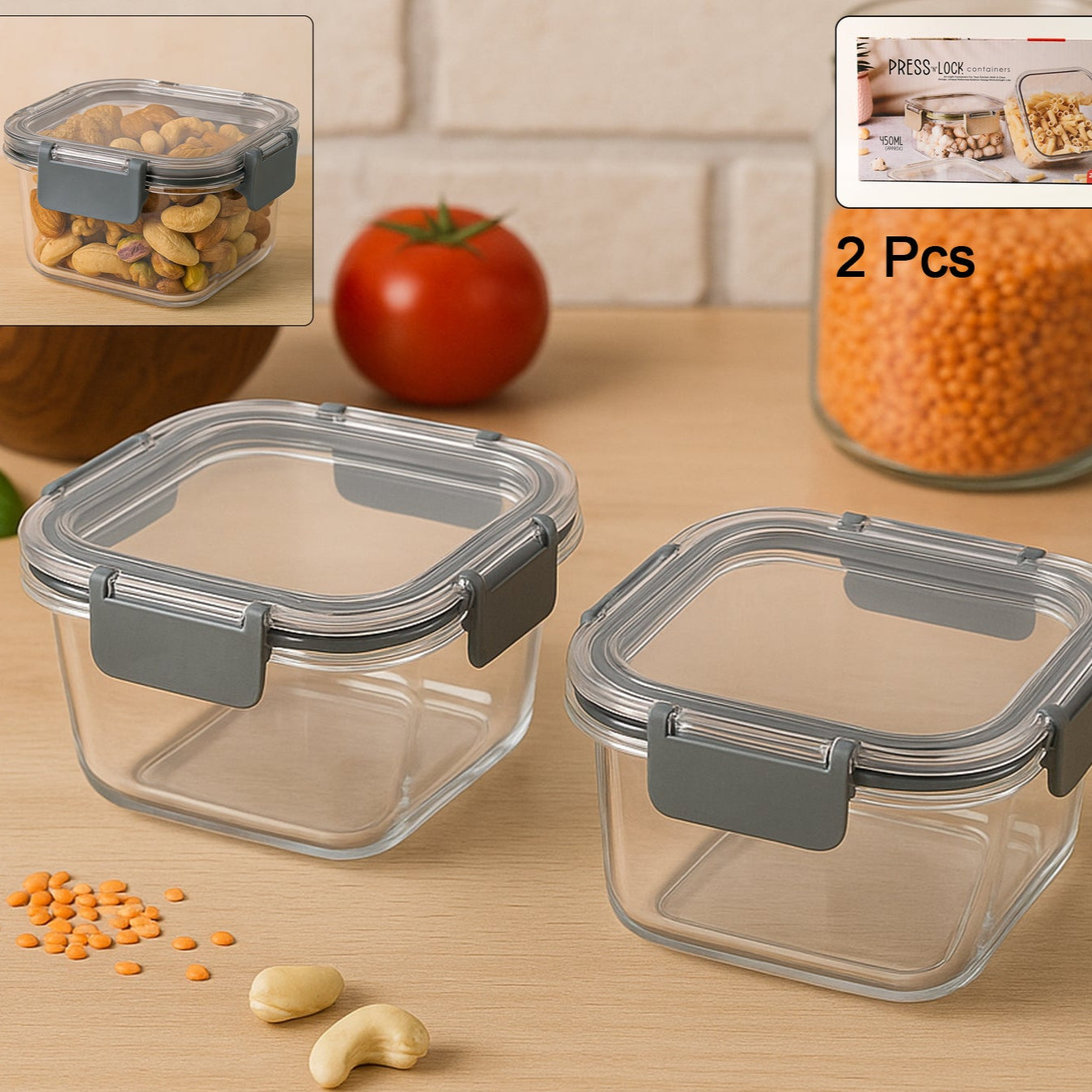 Apex Press N Lock Airtight Food Storage Container Set (2pc450ml) Approx - Happy Price - Image 1